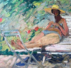 Mid Century French Impressionist Painting Lady Sunbathing Reading In The Garden