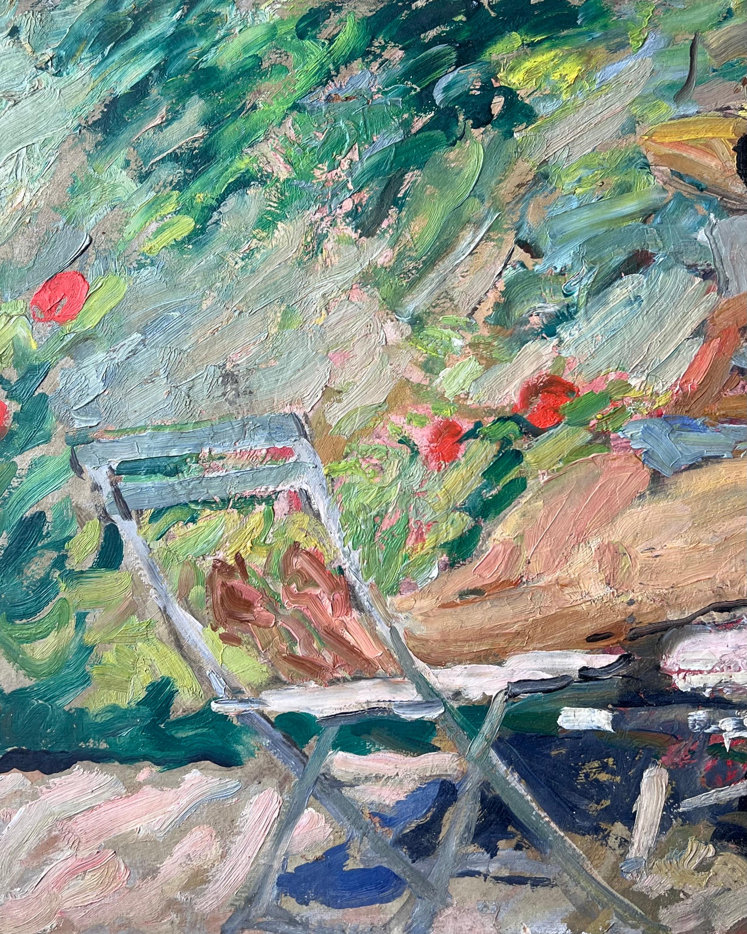 Mid Century French Impressionist Painting Lady Sunbathing Reading In The Garden For Sale 1