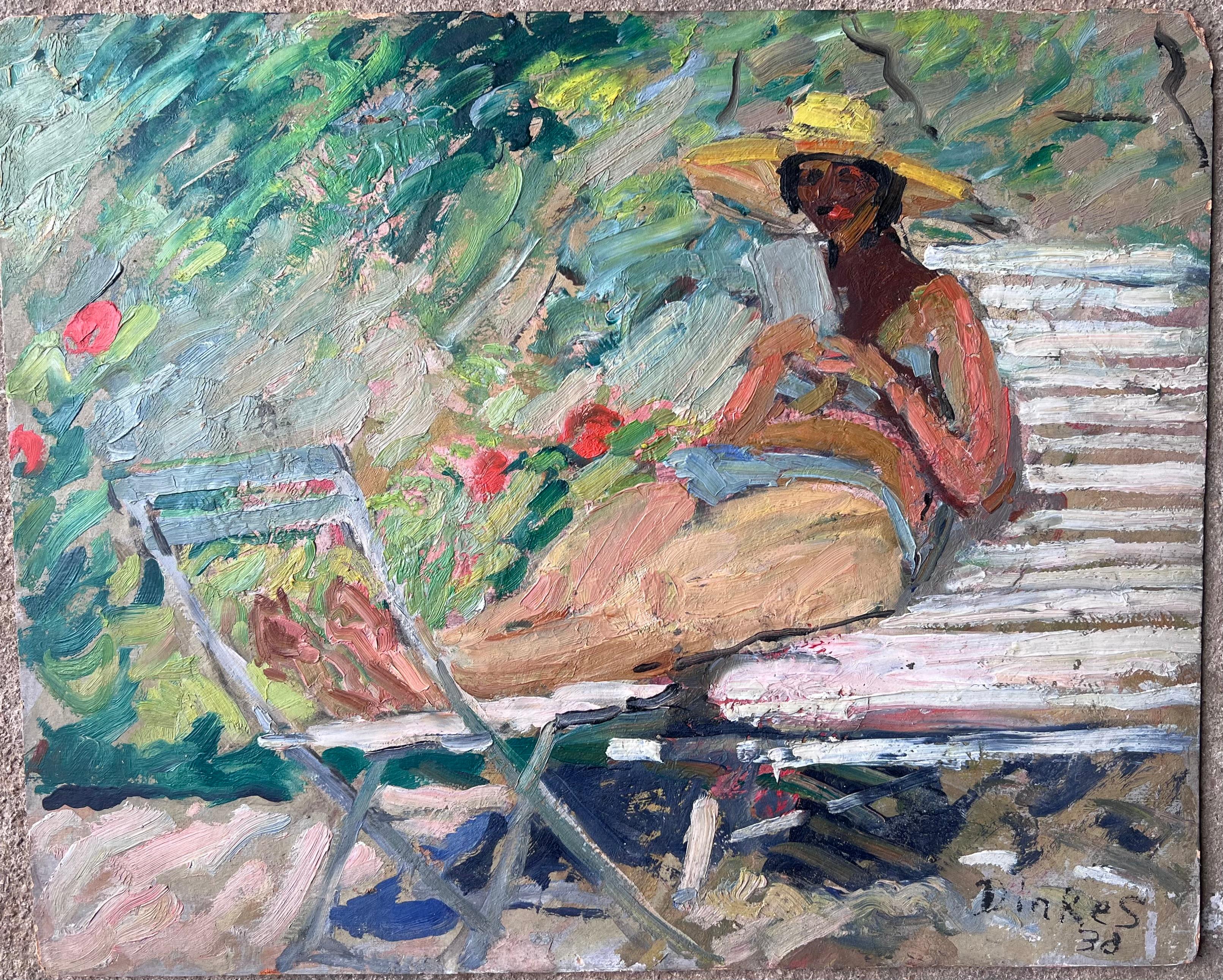 Mid Century French Impressionist Painting Lady Sunbathing Reading In The Garden For Sale 2