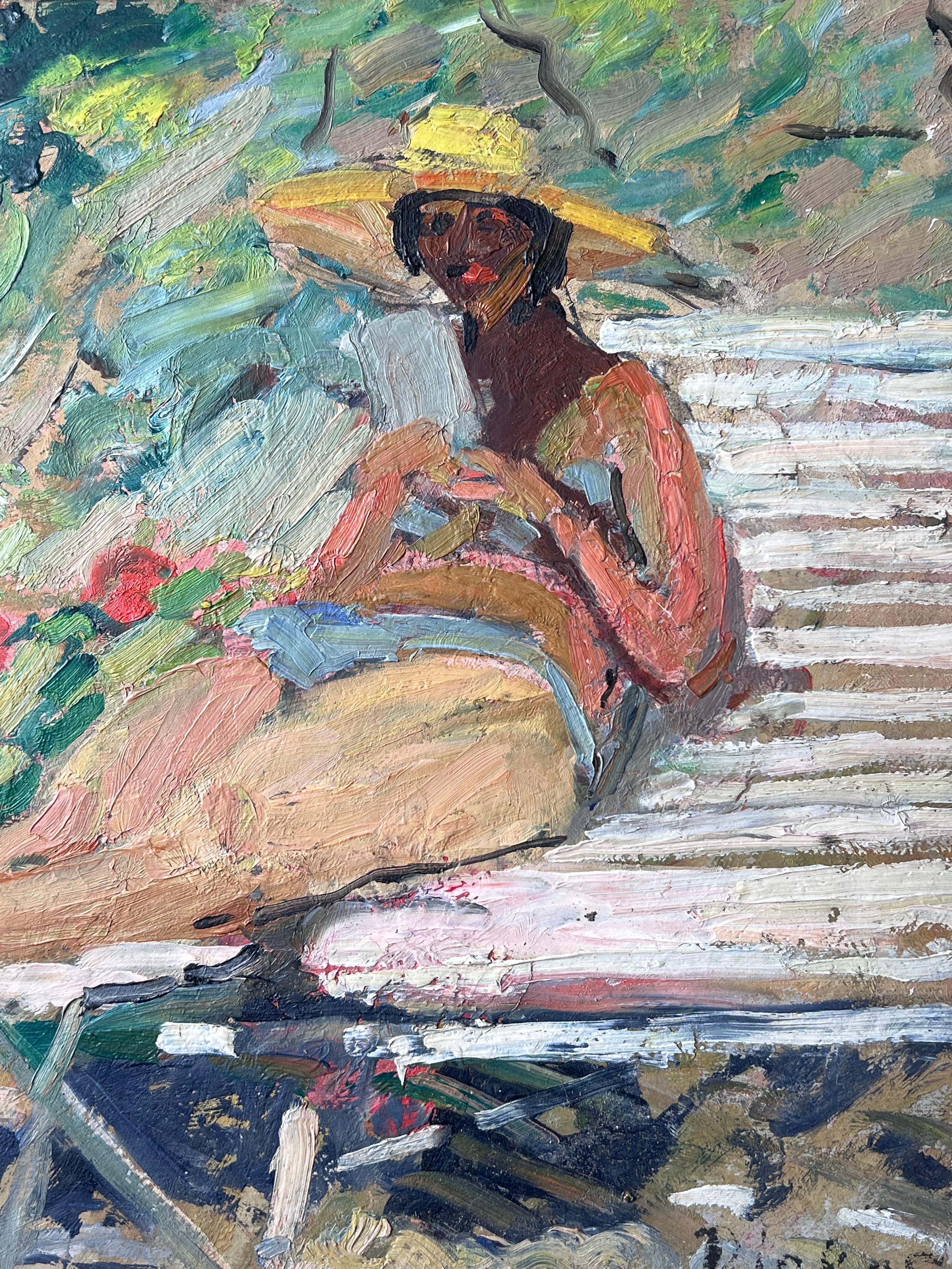 Mid Century French Impressionist Painting Lady Sunbathing Reading In The Garden For Sale 4