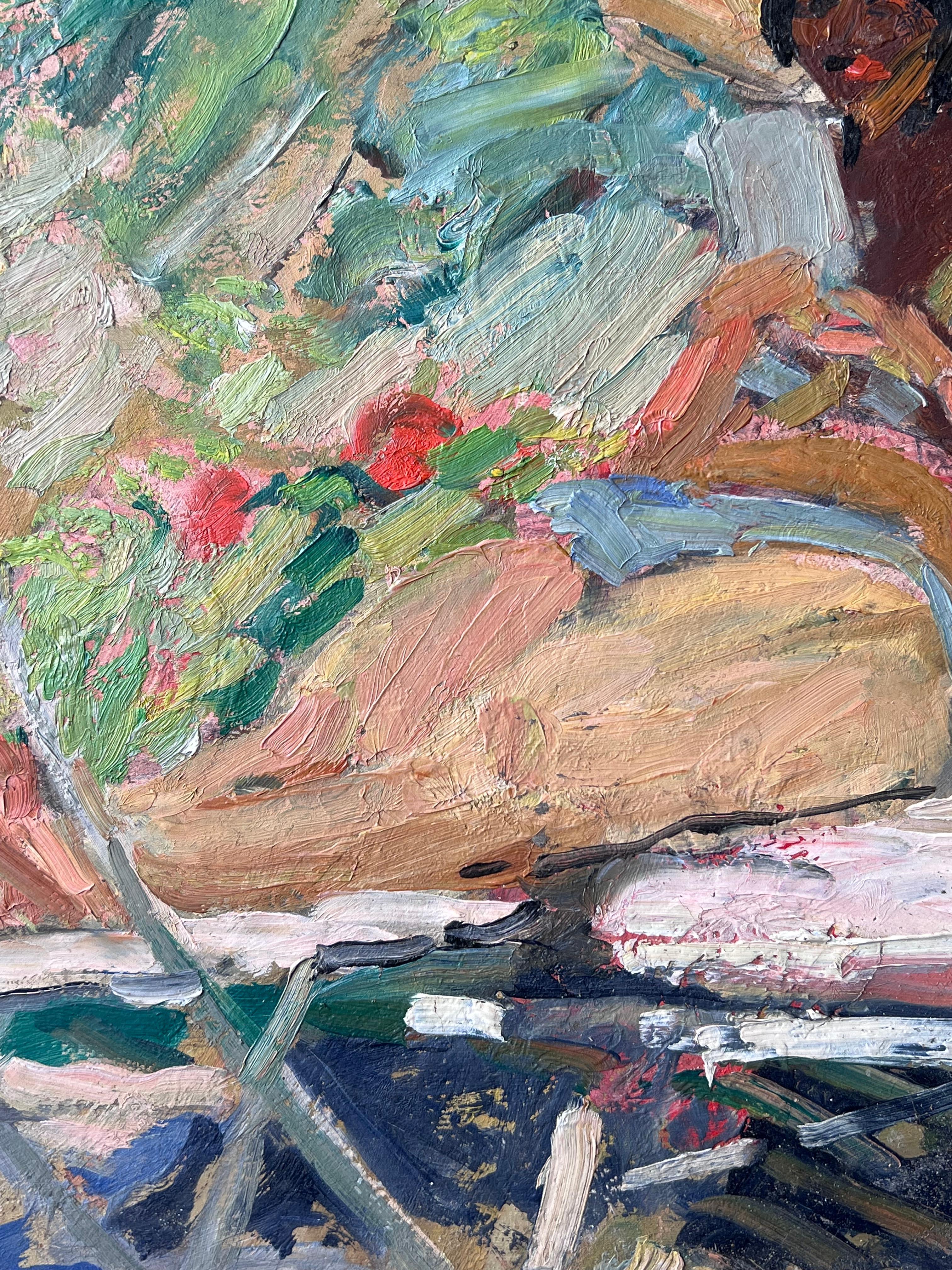 Mid Century French Impressionist Painting Lady Sunbathing Reading In The Garden For Sale 5