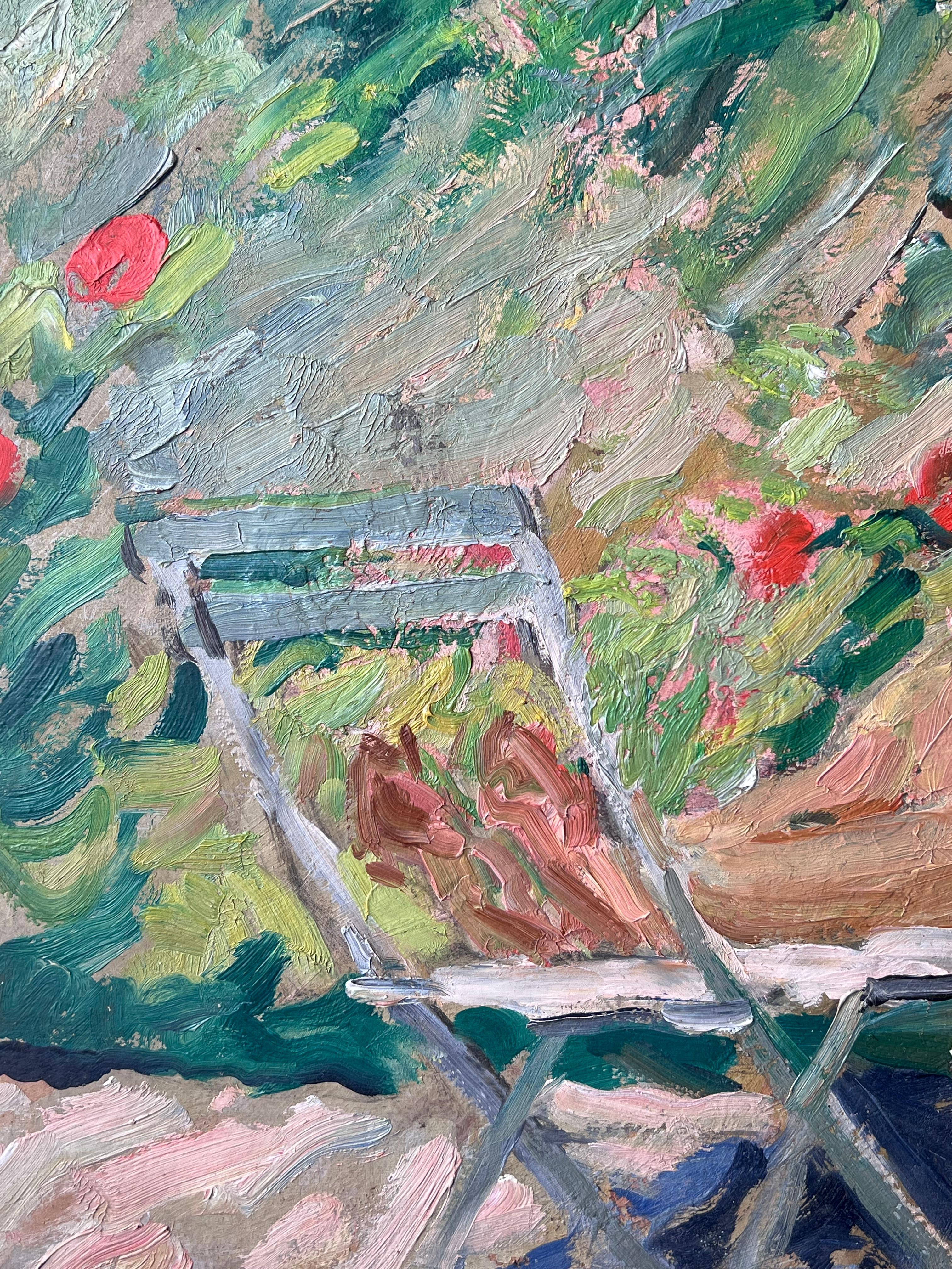Mid Century French Impressionist Painting Lady Sunbathing Reading In The Garden For Sale 6
