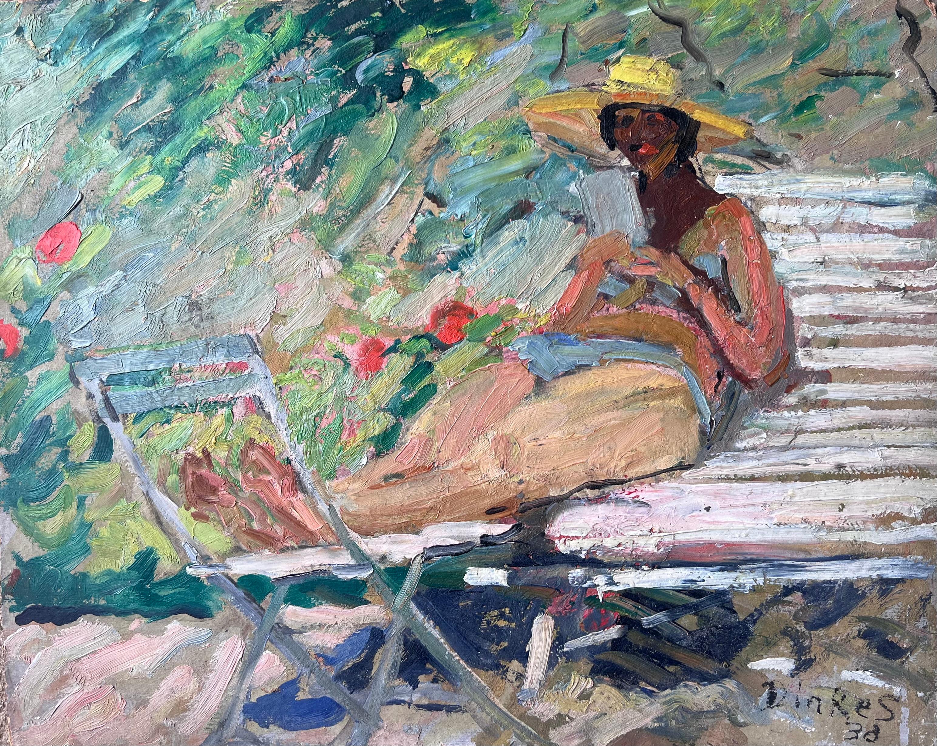 Mid Century French Impressionist Painting Lady Sunbathing Reading In The Garden - Gray Portrait Painting by Suzanne Dinkes