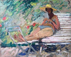 Mid Century French Impressionist Painting Lady Sunbathing Reading In The Garden