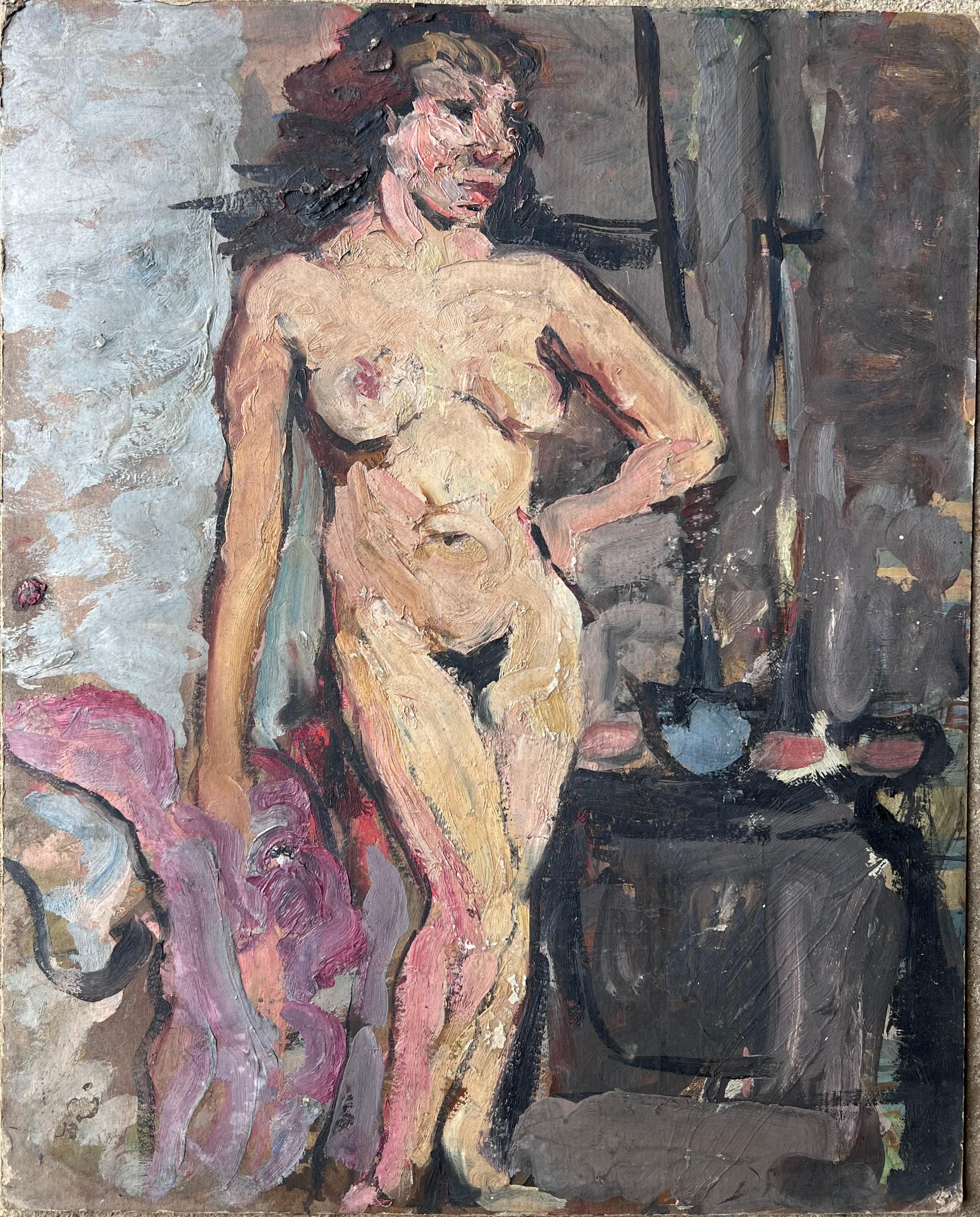 Mitte des Jahrhunderts Französisch Impressionist Gemälde Aktstudie einer dunkelhaarigen Dame – Painting von Suzanne Dinkes