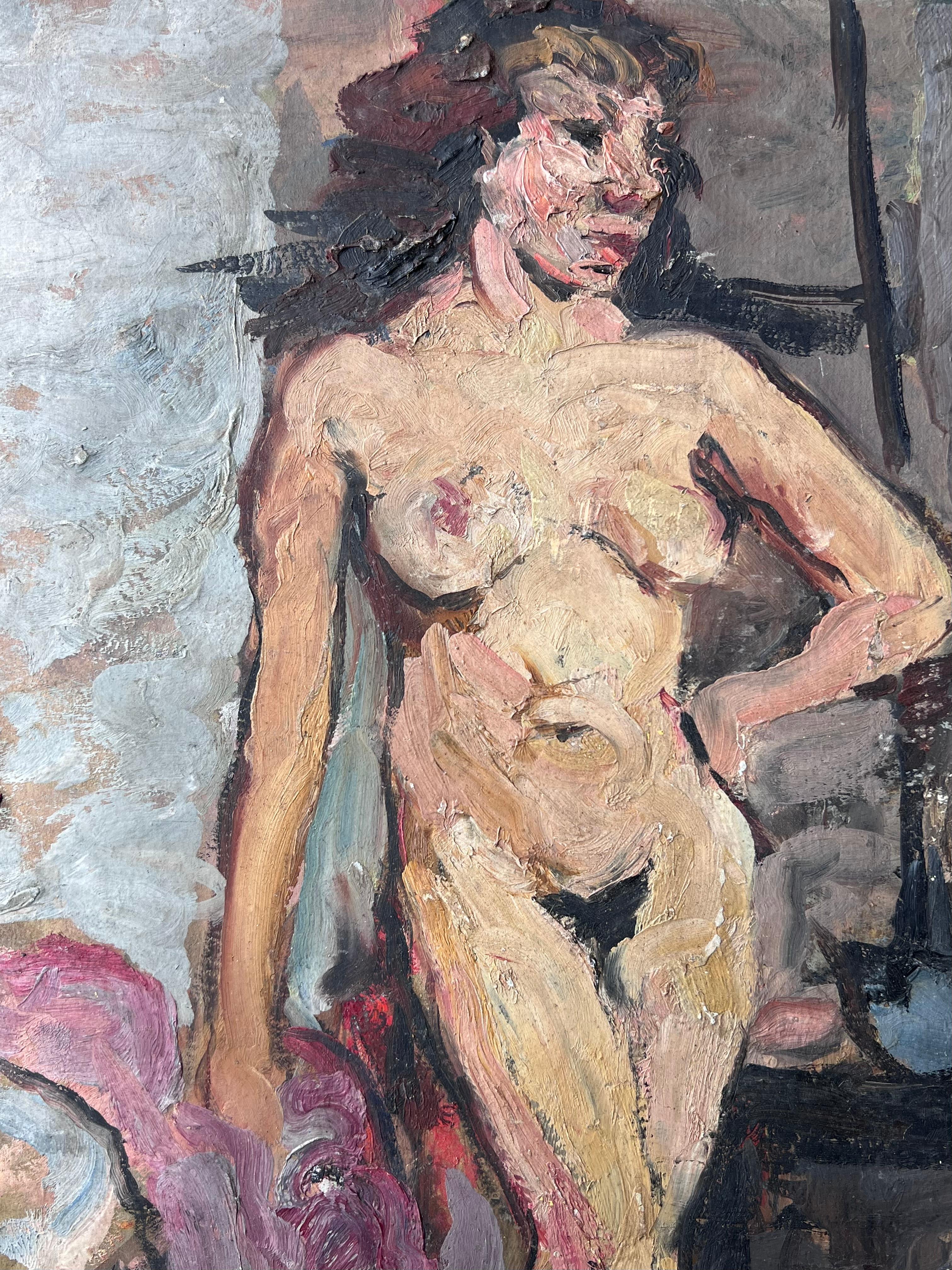 Mitte des Jahrhunderts Französisch Impressionist Gemälde Aktstudie einer dunkelhaarigen Dame (Post-Impressionismus), Painting, von Suzanne Dinkes