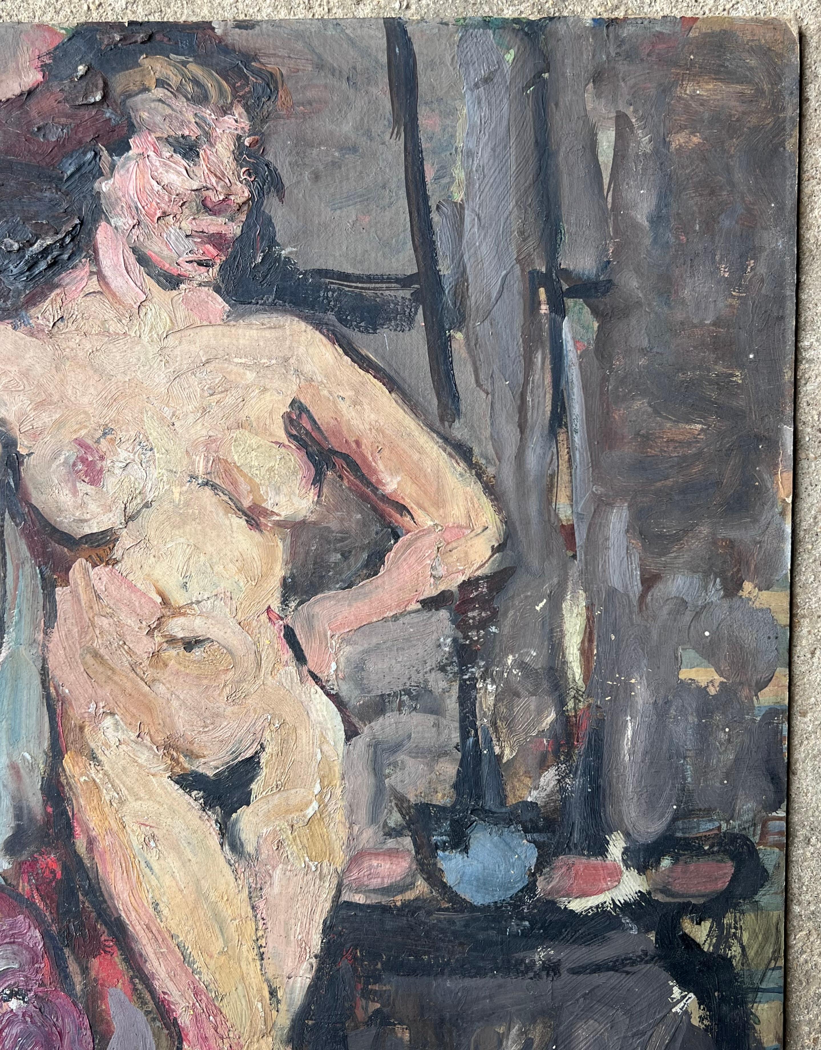 Mitte des Jahrhunderts Französisch Impressionist Gemälde Aktstudie einer dunkelhaarigen Dame (Grau), Nude Painting, von Suzanne Dinkes