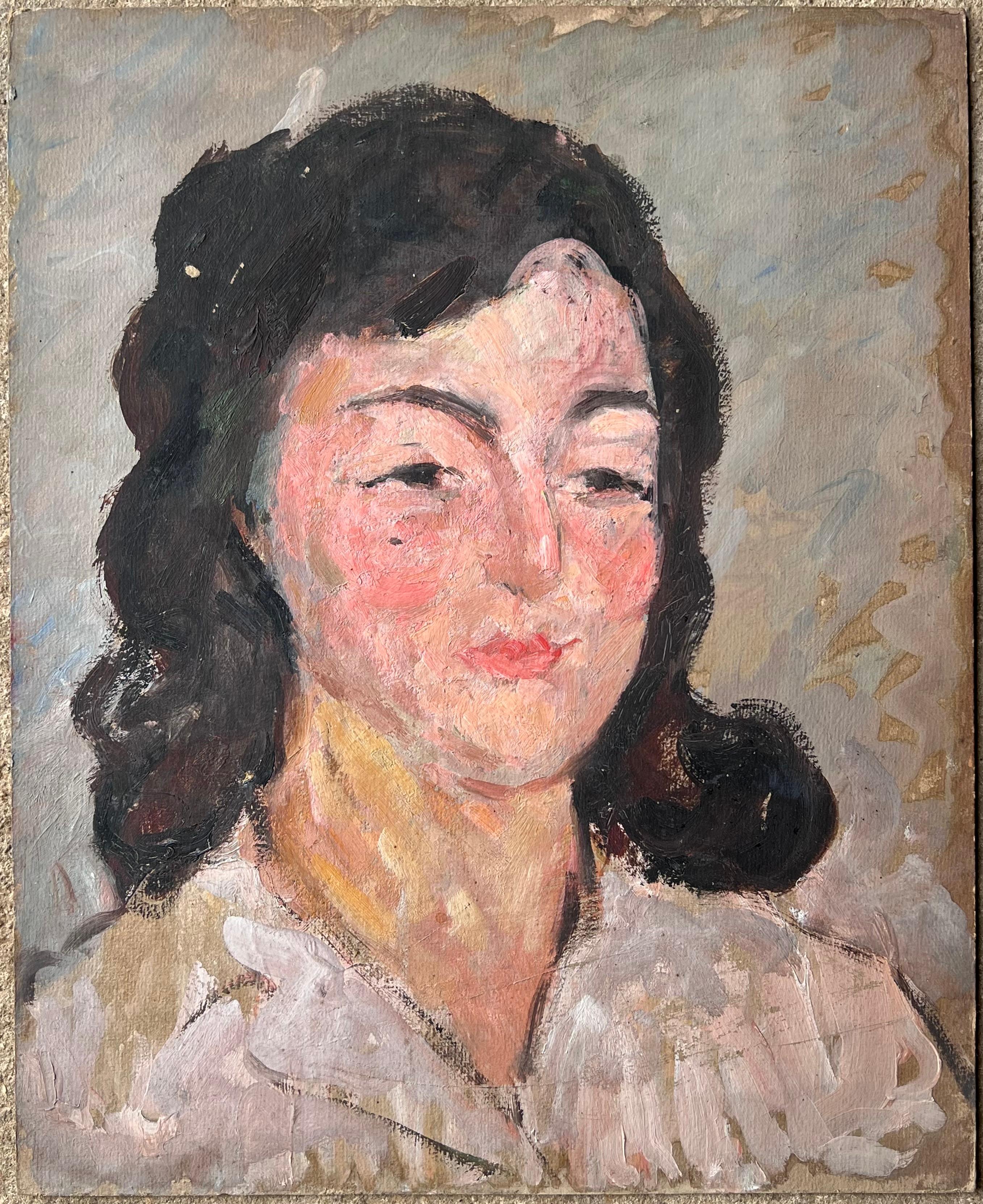 Peinture impressionniste française du milieu du siècle Portrait d'une dame chic en chemise blanche - Painting de Suzanne Dinkes