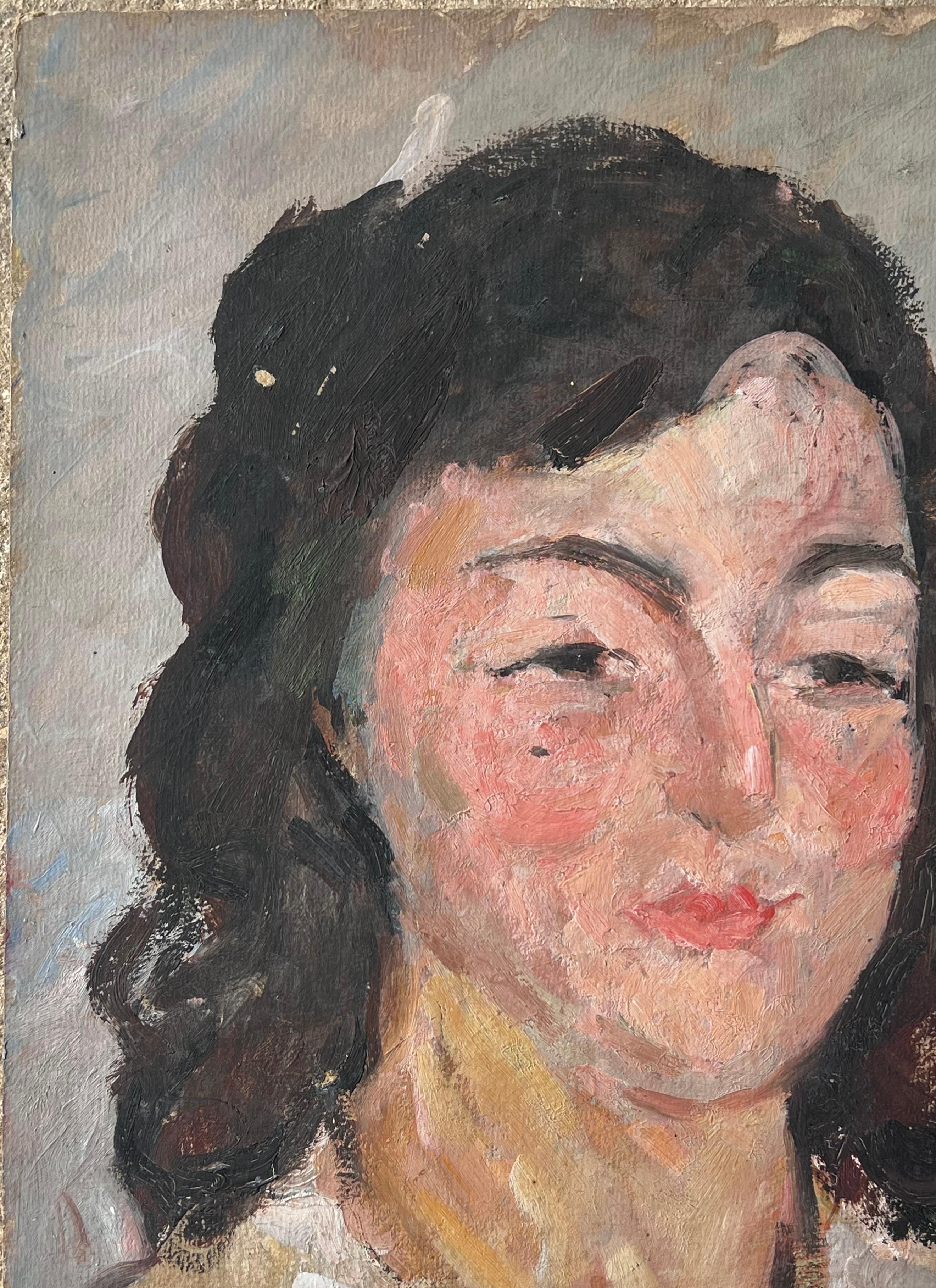 Peinture impressionniste française du milieu du siècle Portrait d'une dame chic en chemise blanche - Post-impressionnisme Painting par Suzanne Dinkes