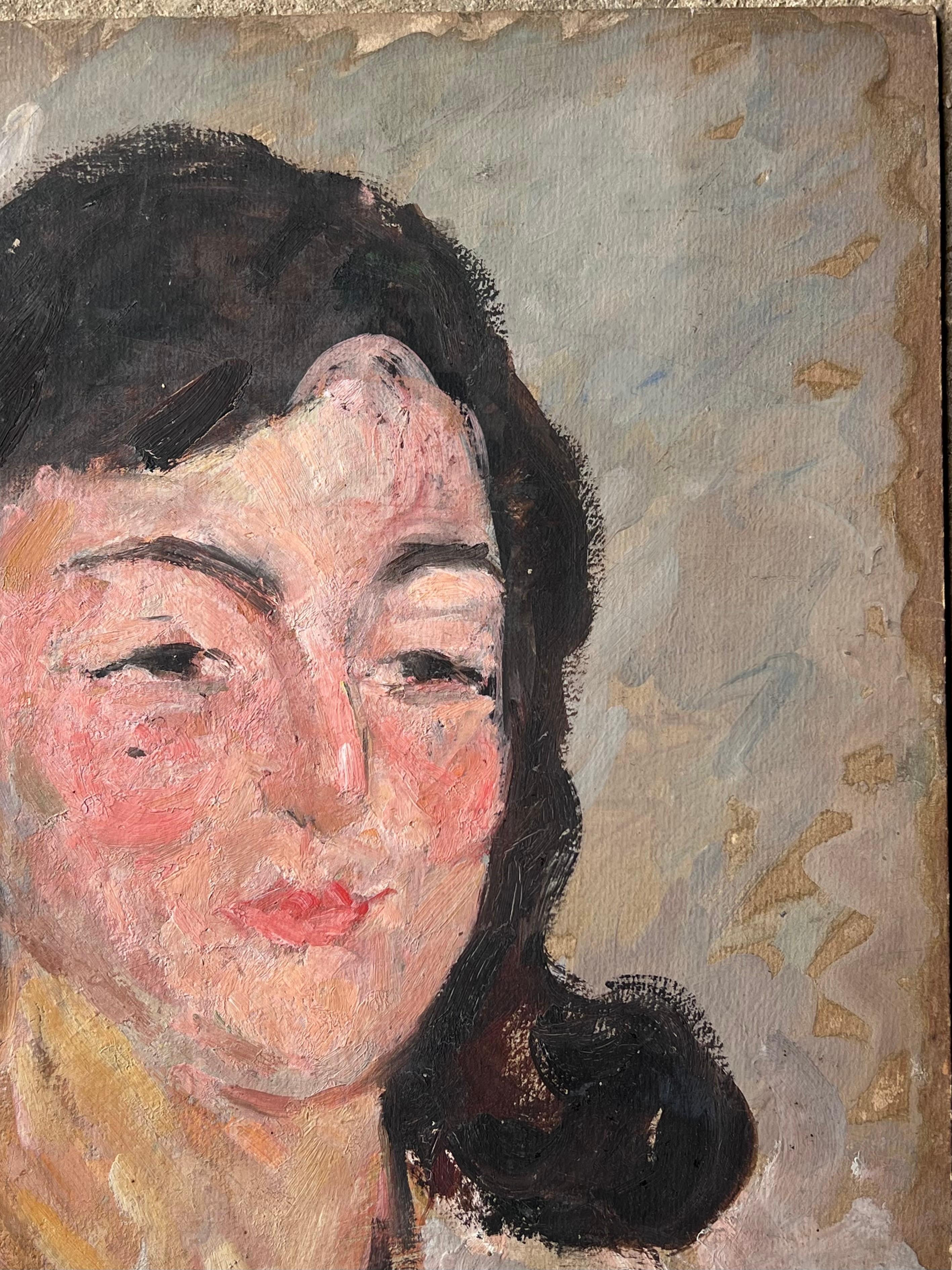 Peinture impressionniste française du milieu du siècle Portrait d'une dame chic en chemise blanche - Marron Figurative Painting par Suzanne Dinkes