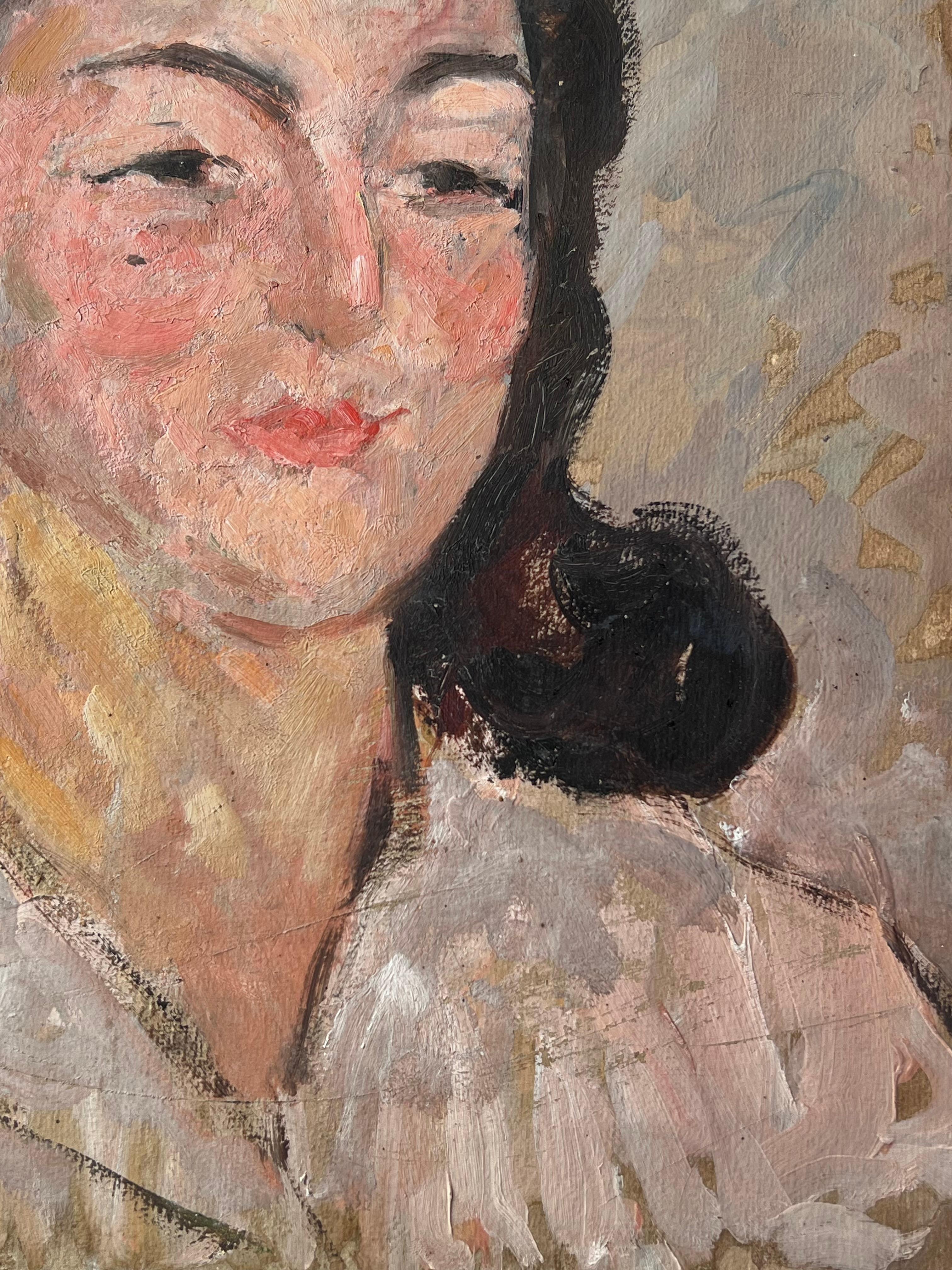 Peinture impressionniste française du milieu du siècle Portrait d'une dame chic en chemise blanche en vente 1