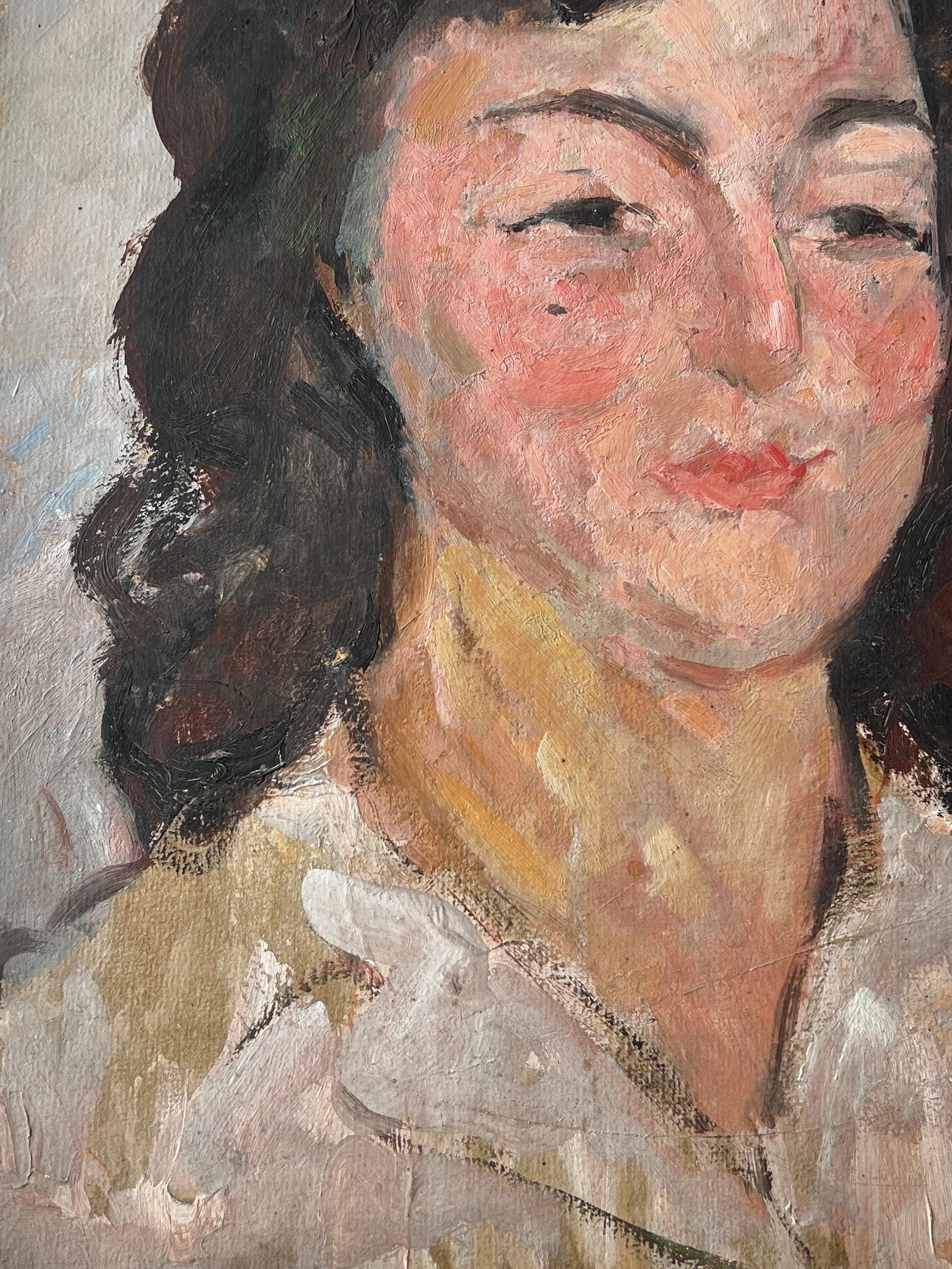 Peinture impressionniste française du milieu du siècle Portrait d'une dame chic en chemise blanche en vente 2