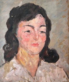 Mid Century French Impressionist Painting Portrait of a Chic Lady in White Shirt