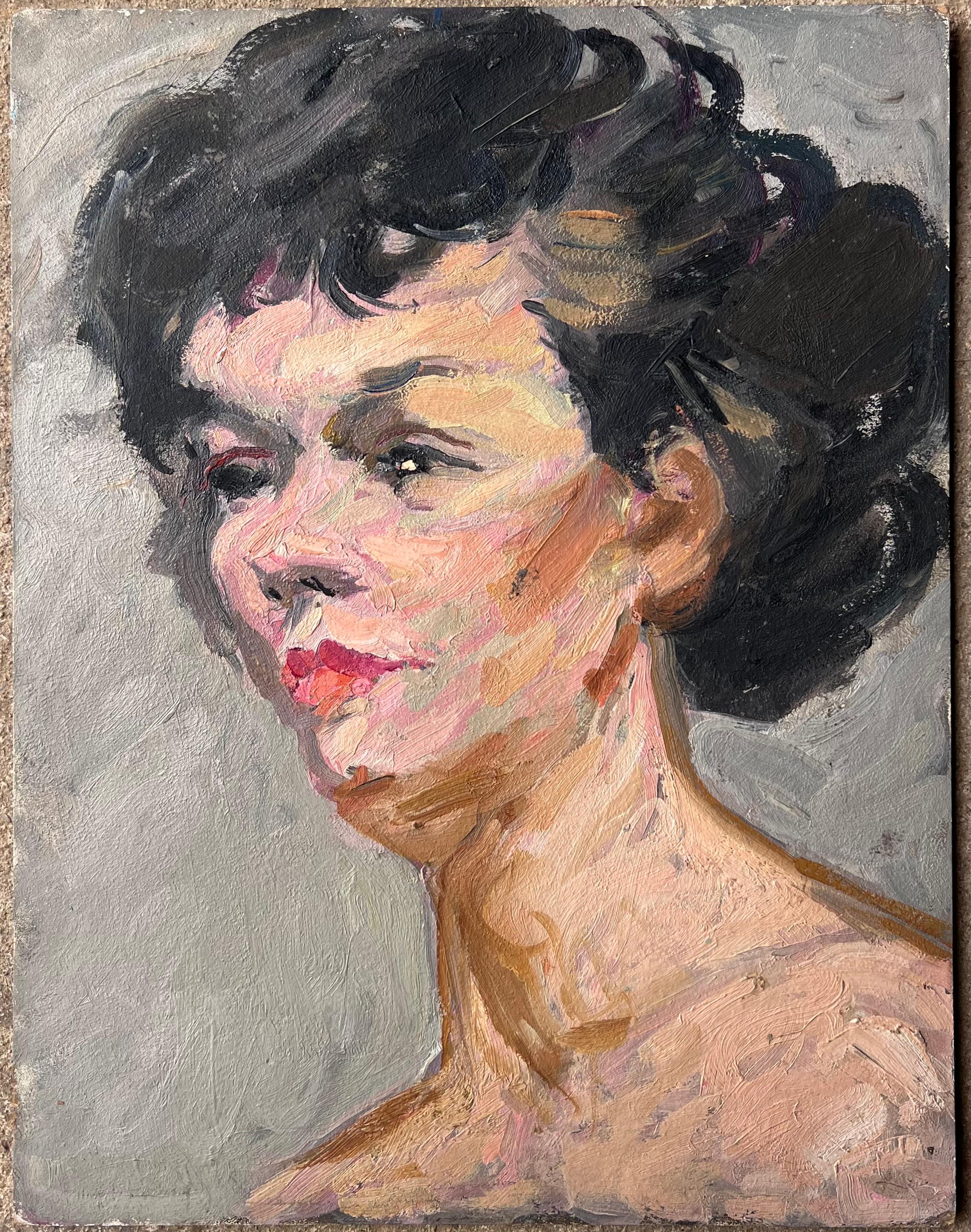 Mid Century Französisch Impressionist Gemälde Porträt einer nackten schwarzhaarigen Dame – Painting von Suzanne Dinkes