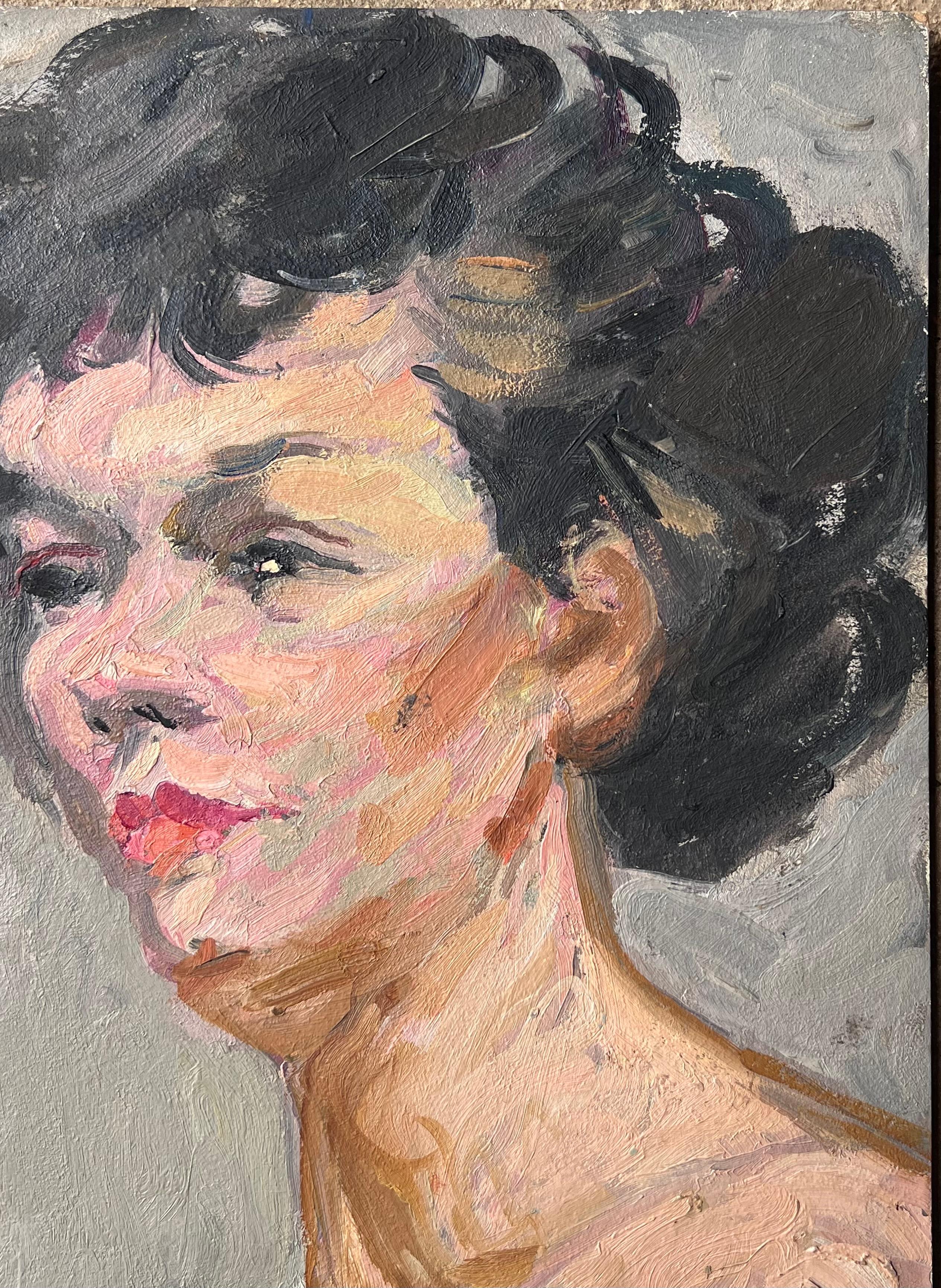 Mid Century Französisch Impressionist Gemälde Porträt einer nackten schwarzhaarigen Dame (Post-Impressionismus), Painting, von Suzanne Dinkes