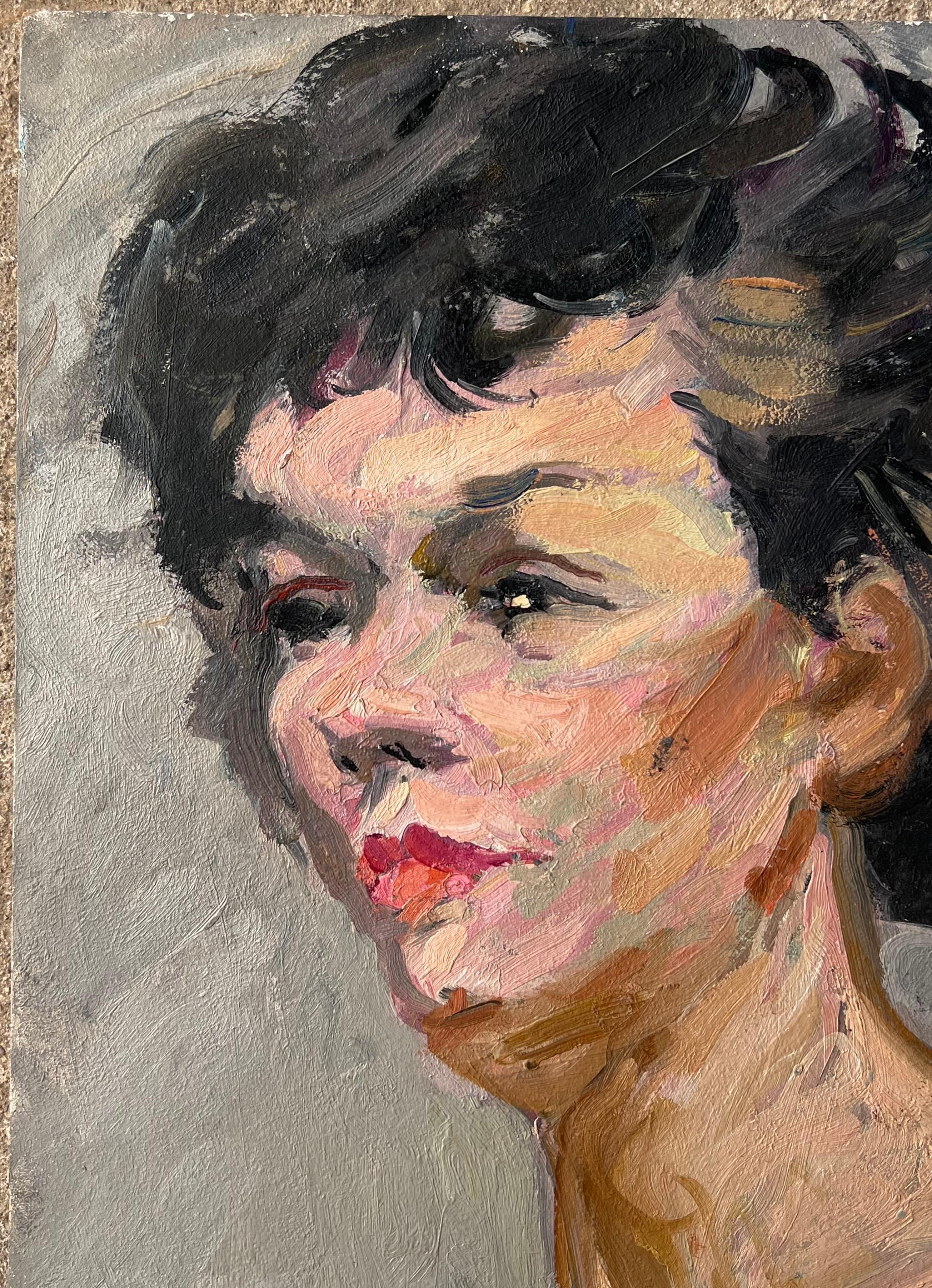 Mid Century Französisch Impressionist Gemälde Porträt einer nackten schwarzhaarigen Dame (Braun), Portrait Painting, von Suzanne Dinkes