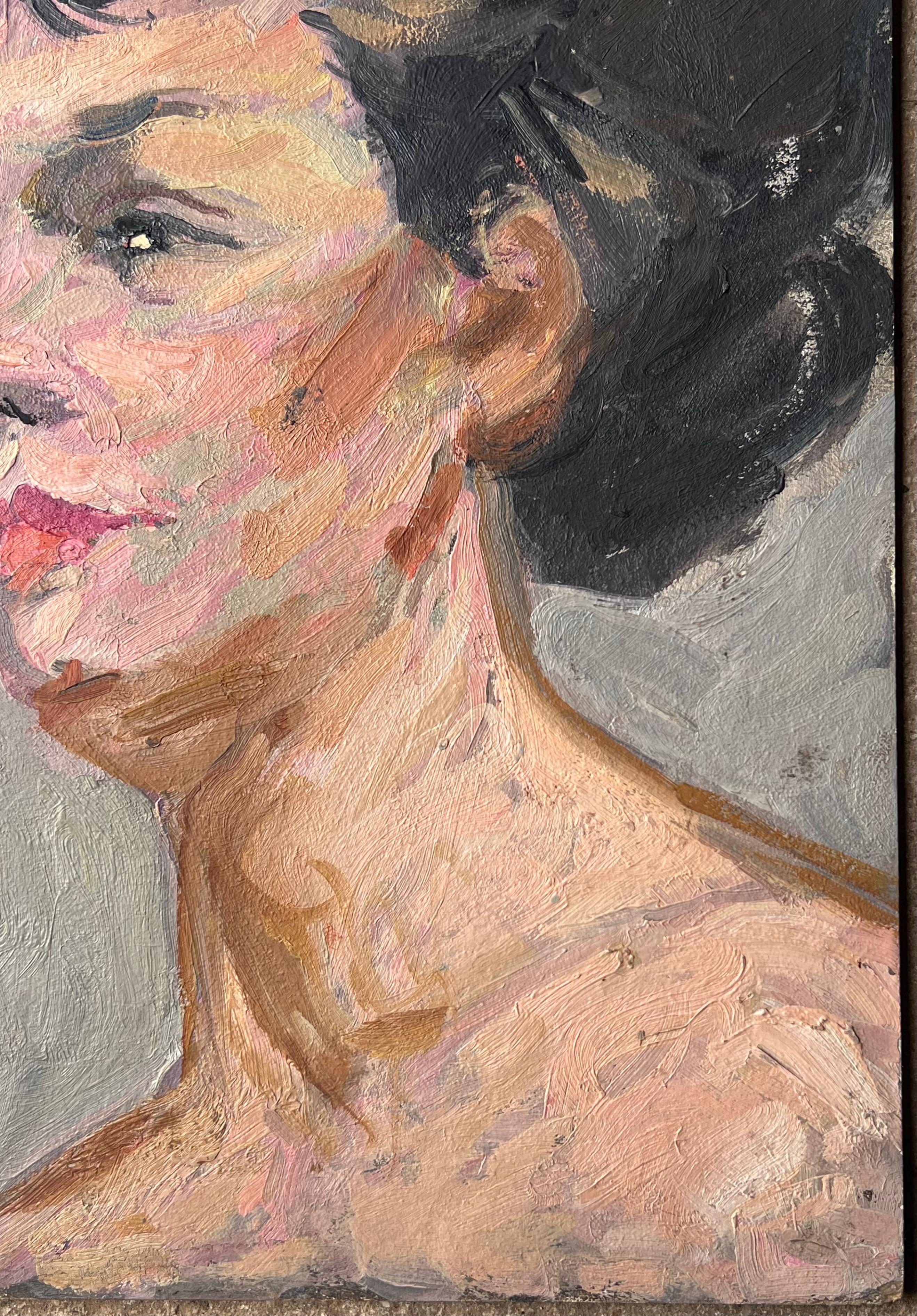 Mid Century Französisch Impressionist Gemälde Porträt einer nackten schwarzhaarigen Dame im Angebot 1