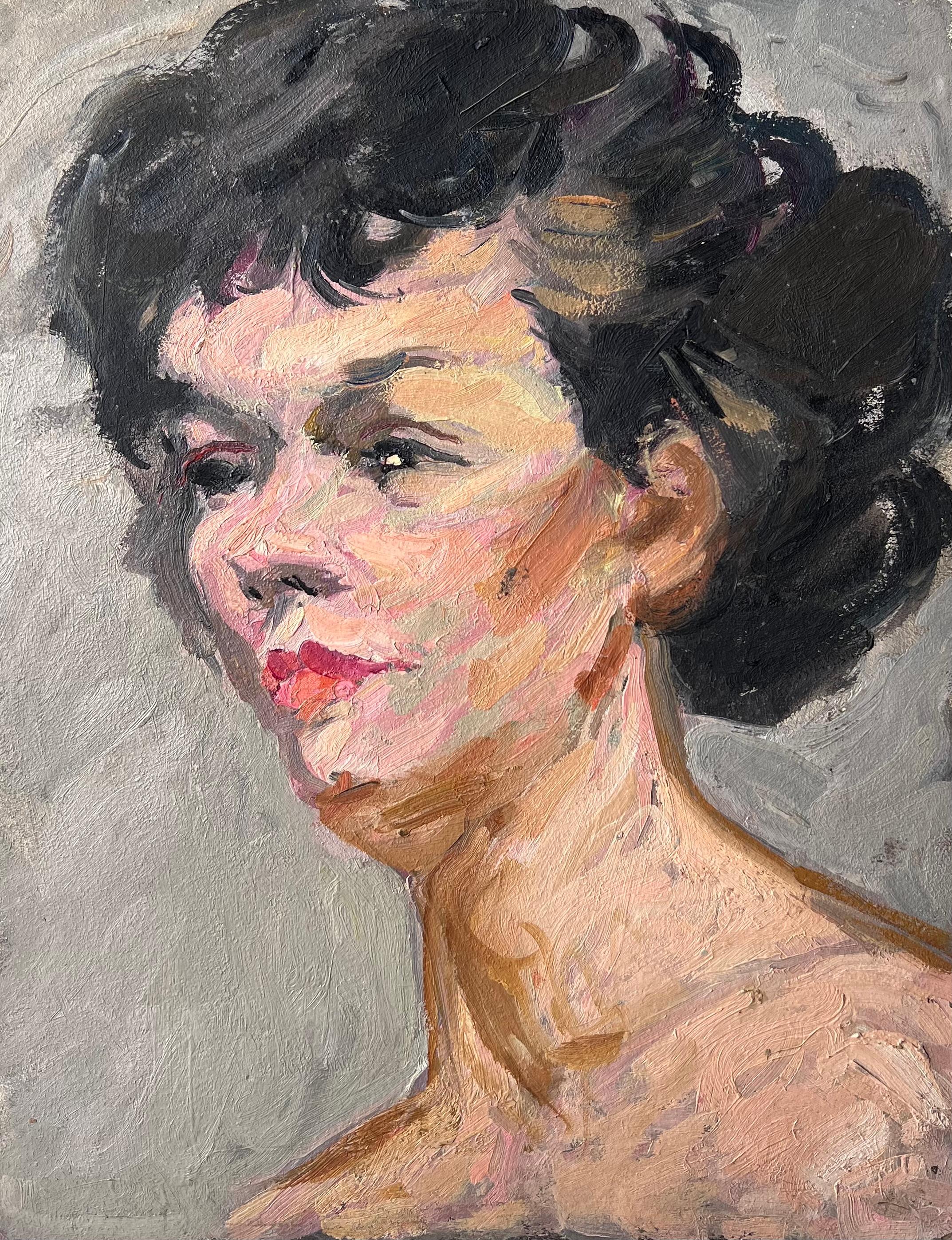 Mid Century Französisch Impressionist Gemälde Porträt einer nackten schwarzhaarigen Dame