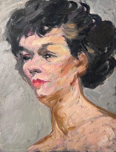 Mid Century Französisch Impressionist Gemälde Porträt einer nackten schwarzhaarigen Dame
