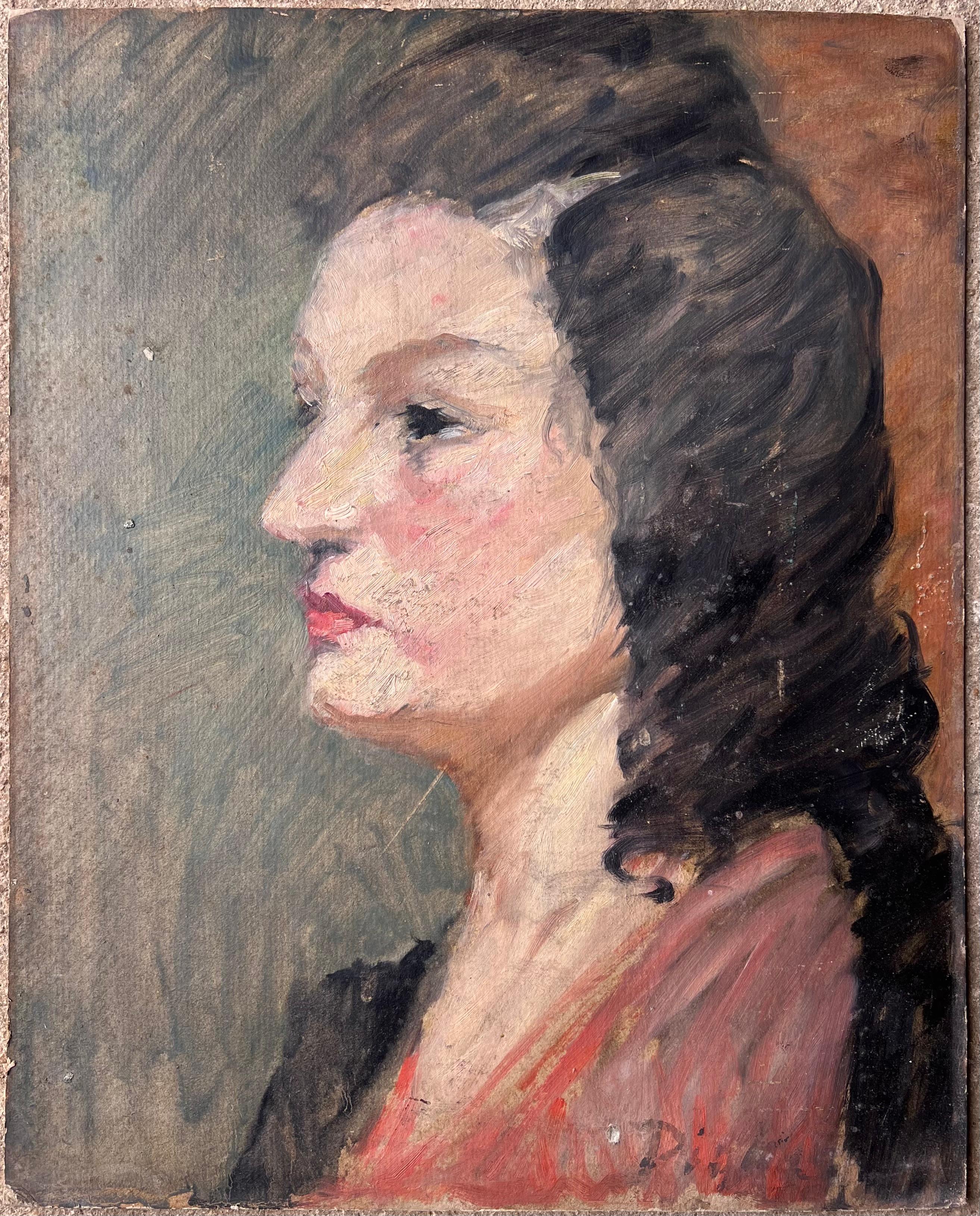 Mid Century Französisch Impressionist Malerei Seitenprofil Porträt einer schicken Dame (Post-Impressionismus), Painting, von Suzanne Dinkes