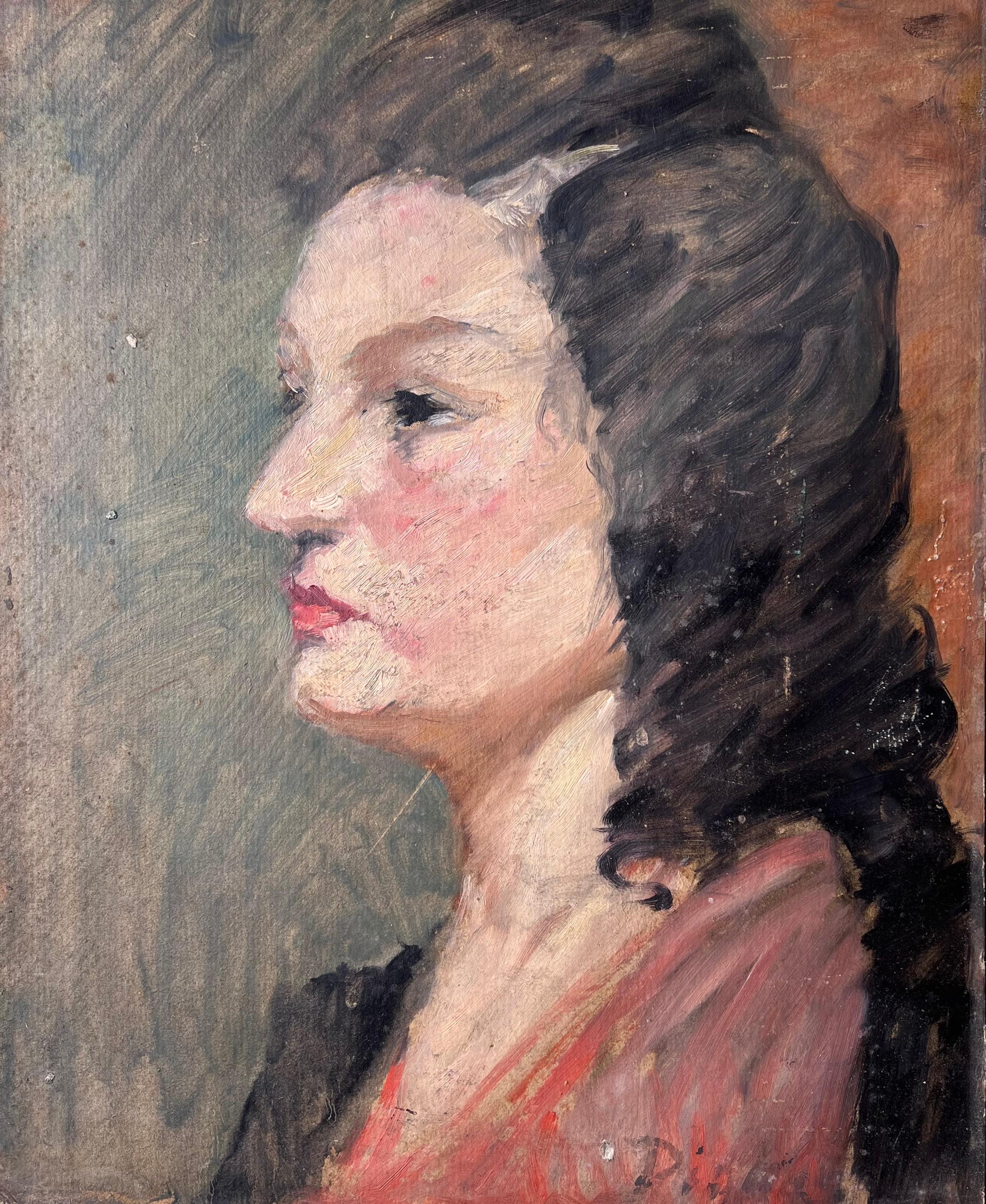 Mid Century French Impressionist Painting Side Profile Portrait of a Chic Lady
