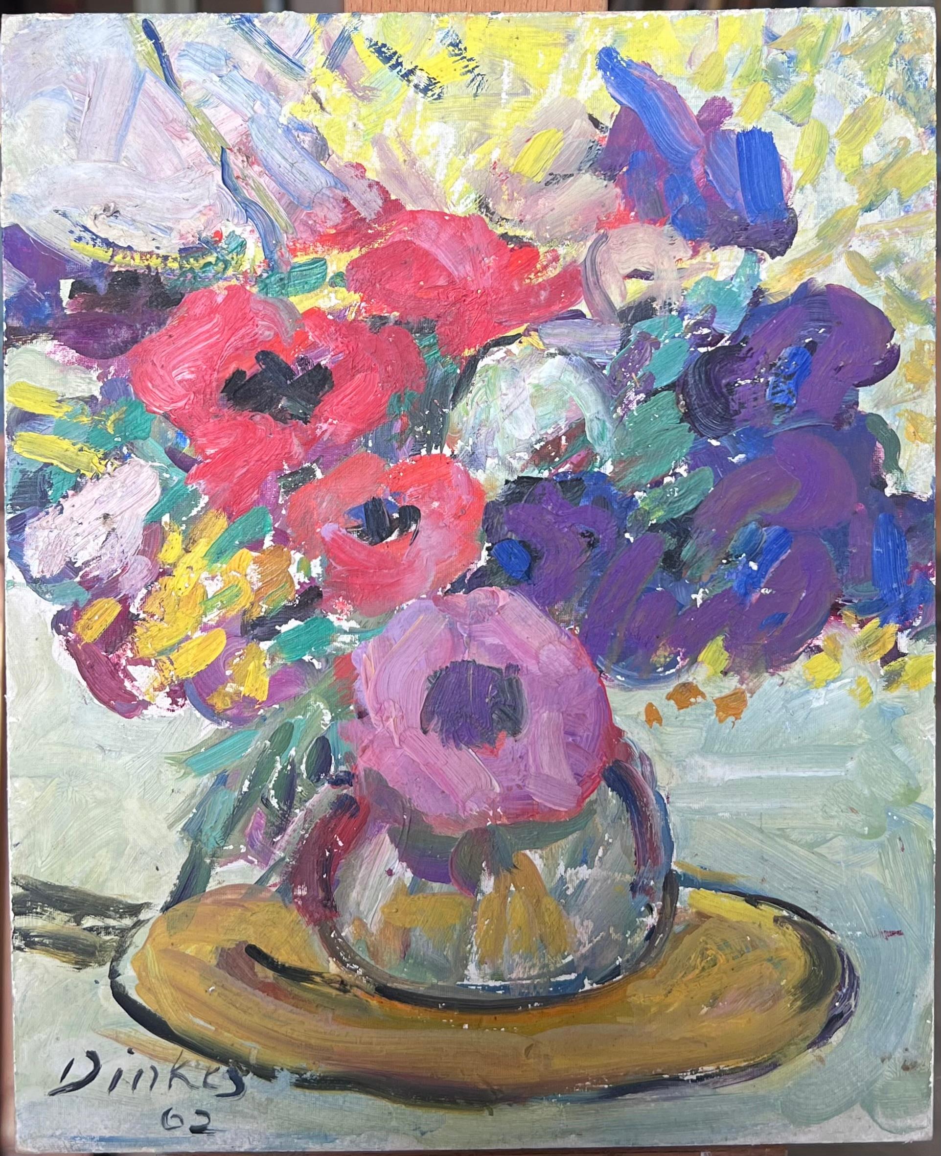 Huile impressionniste française du milieu du siècle signée Fleurs colorées dans un vase - Painting de Suzanne Dinkes