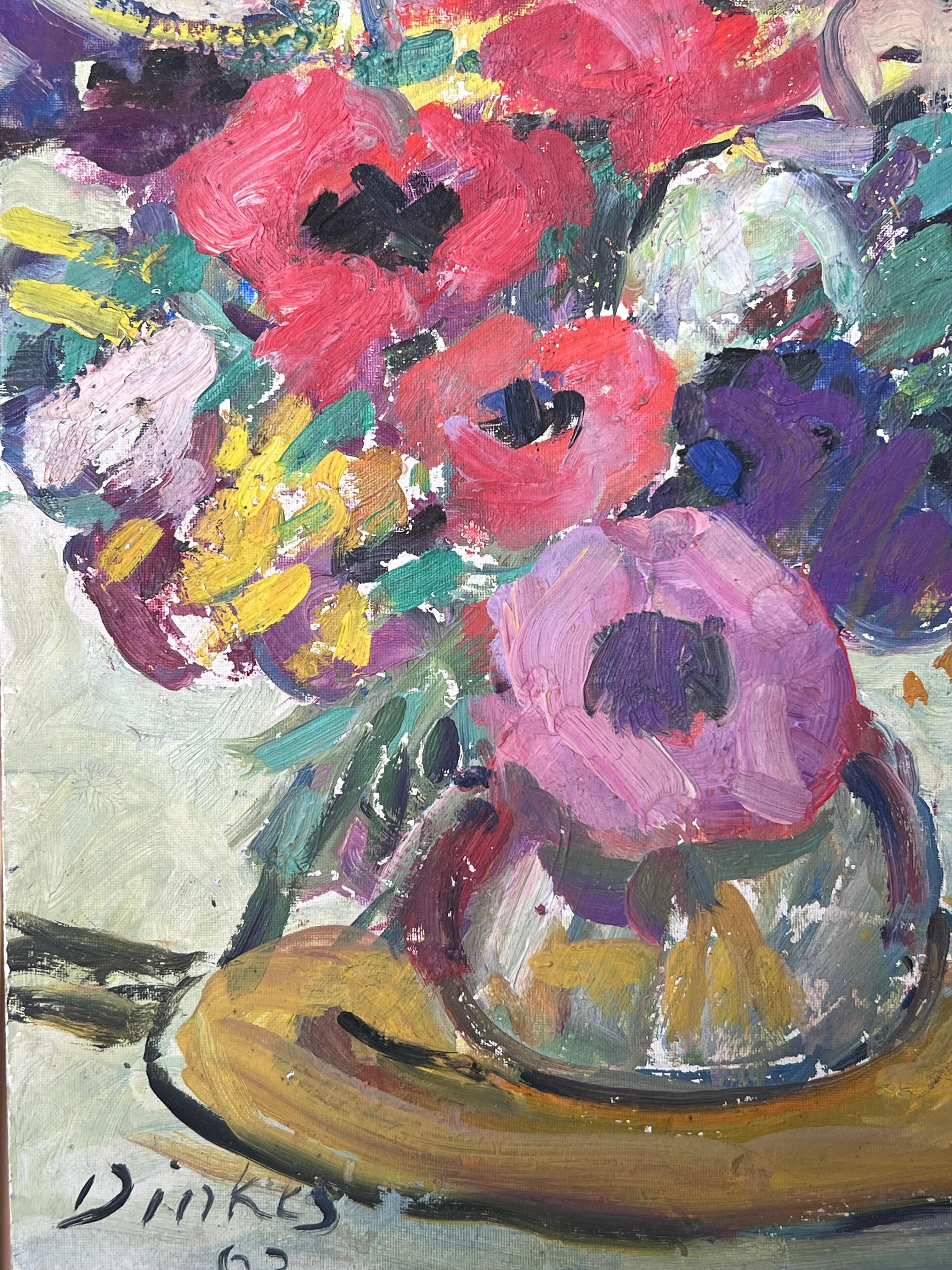 Huile impressionniste française du milieu du siècle signée Fleurs colorées dans un vase - Post-impressionnisme Painting par Suzanne Dinkes