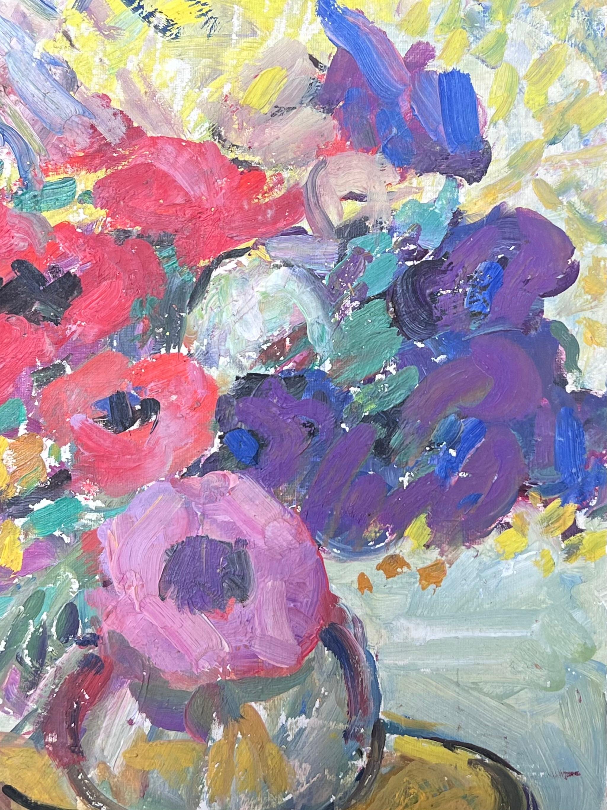 Huile impressionniste française du milieu du siècle signée Fleurs colorées dans un vase en vente 1