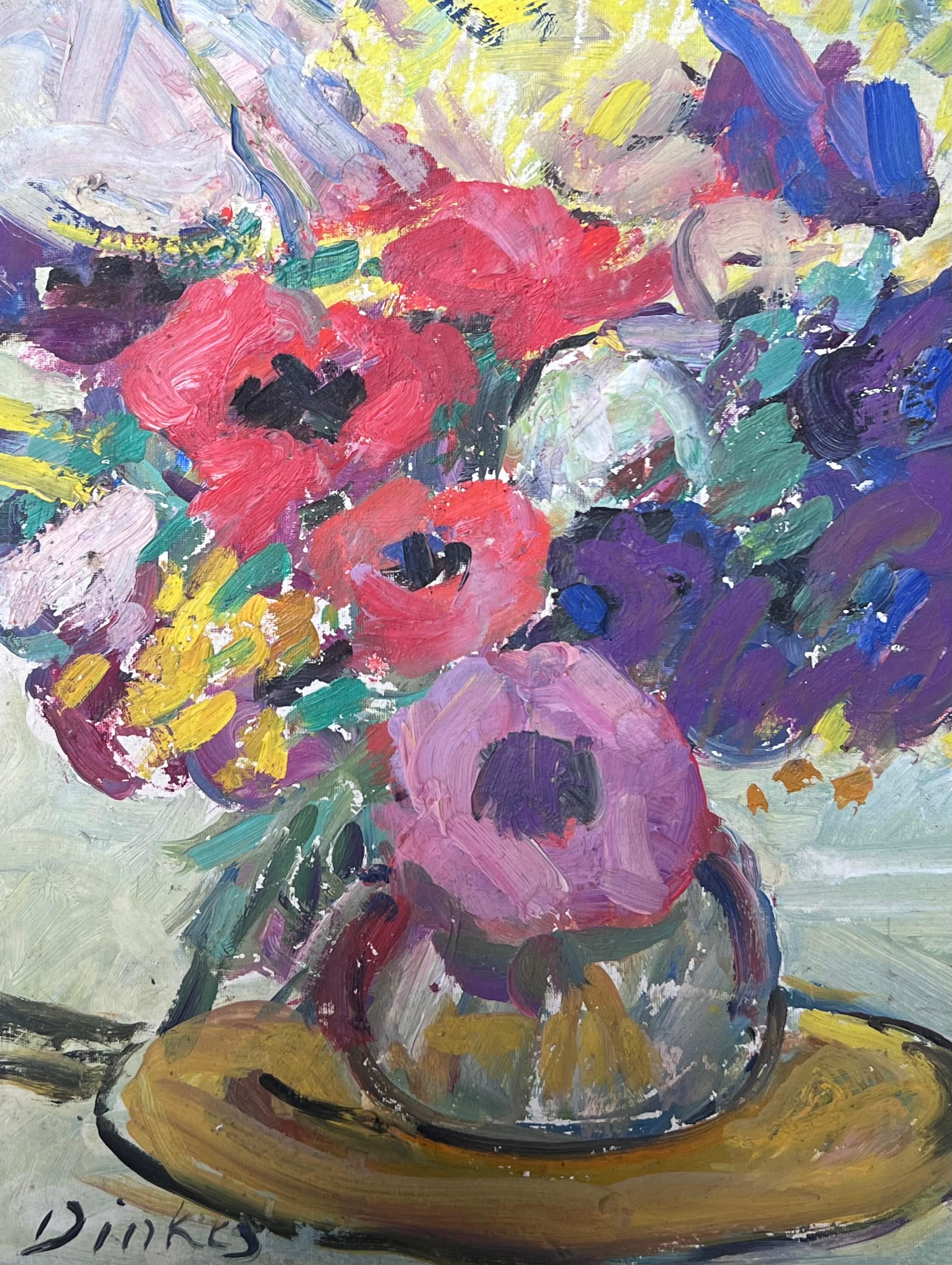 Huile impressionniste française du milieu du siècle signée Fleurs colorées dans un vase en vente 2