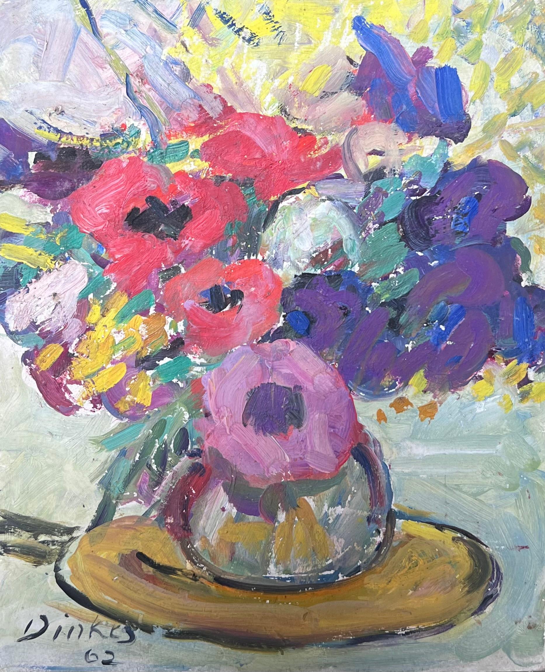 Mid Century French Impressionist Signed Oil Colorful Flowers in Vase