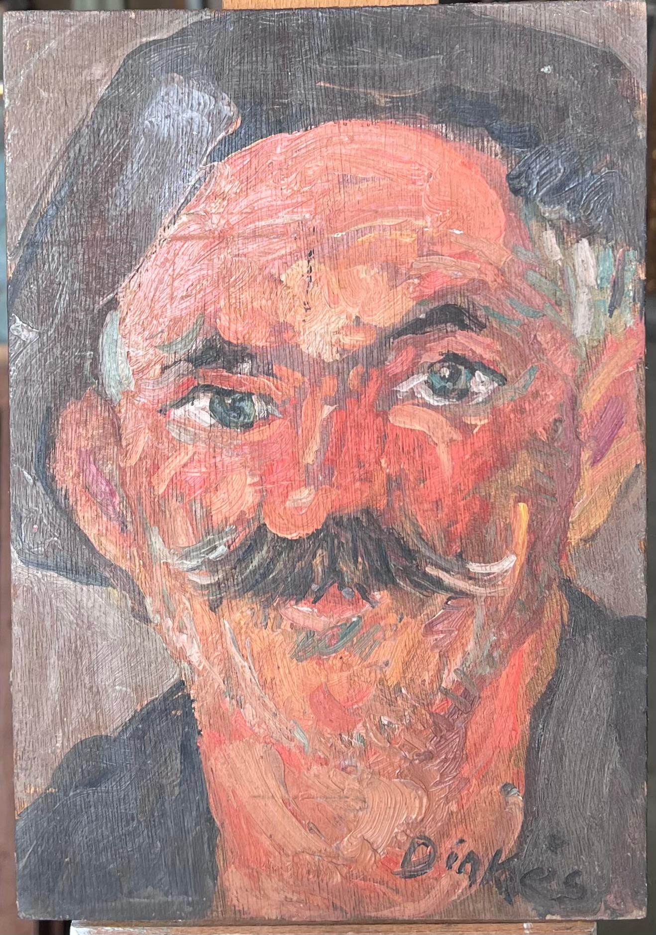 Mid Century French Impressionist Signed Oil Man in Beret with Moustache Portrait – Painting von Suzanne Dinkes