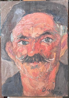 Mid Century French Impressionist Signed Oil Man in Beret with Moustache Portrait