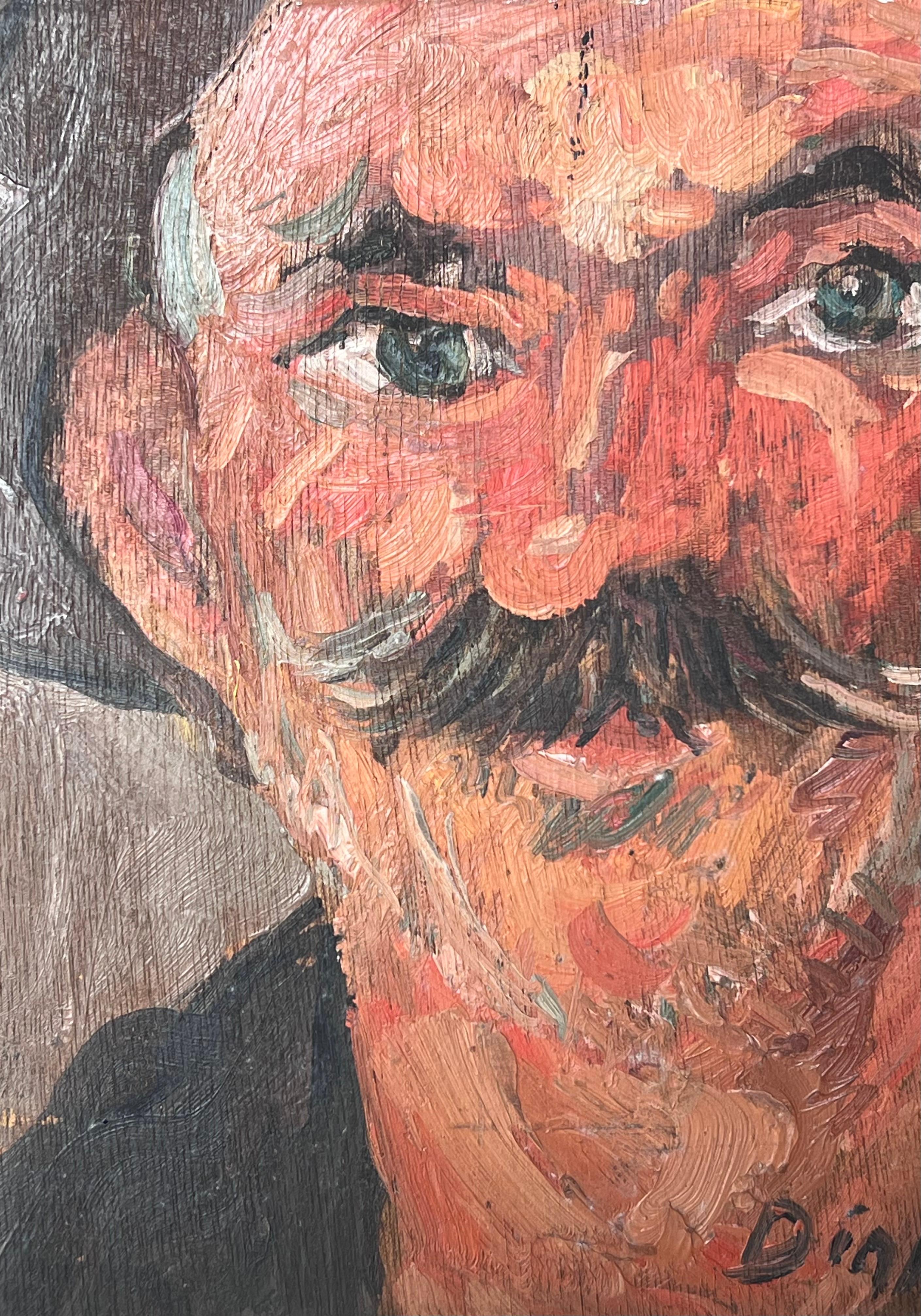 Mid Century French Impressionist Signed Oil Man in Beret with Moustache Portrait (Braun), Portrait Painting, von Suzanne Dinkes