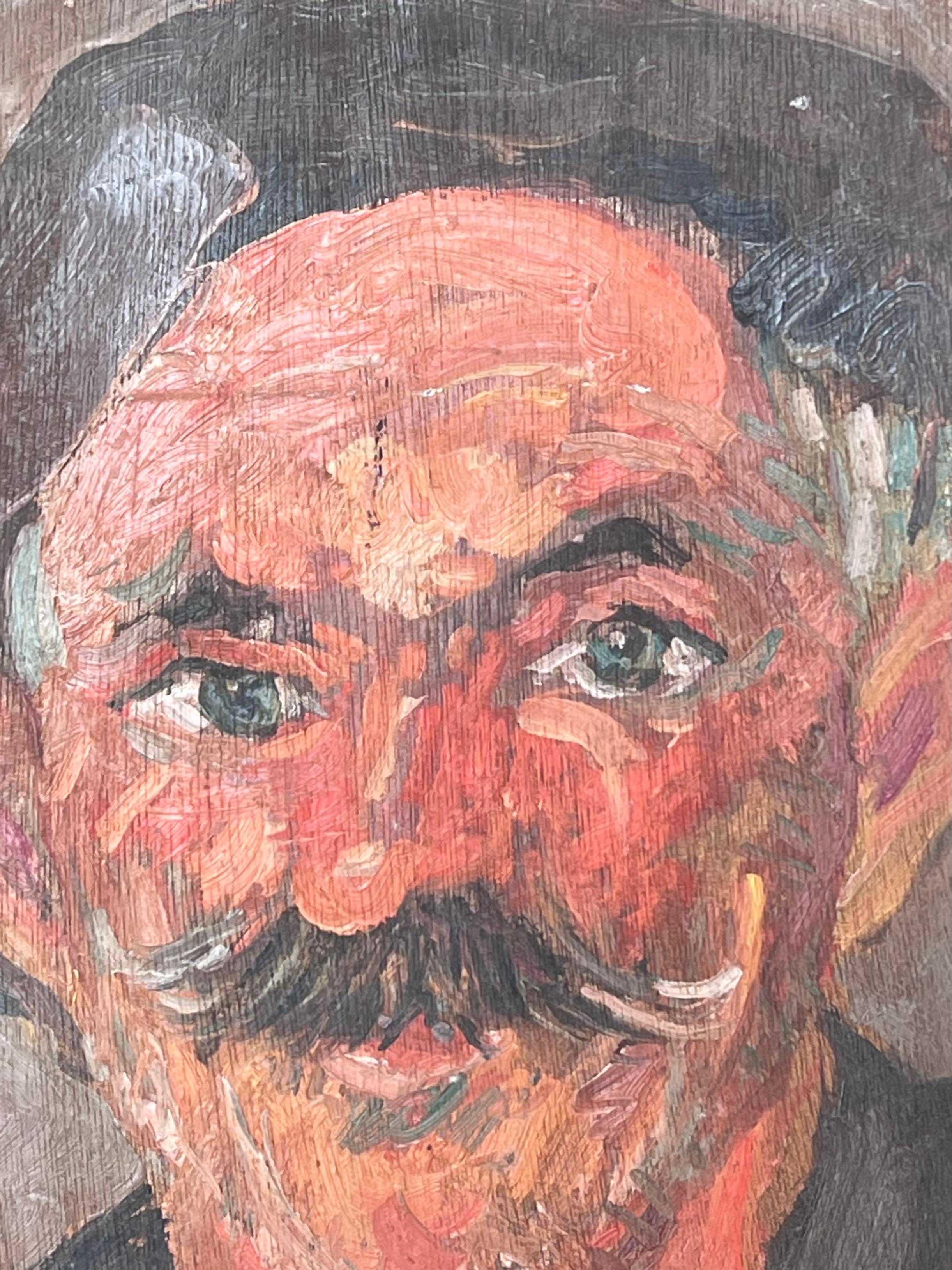 Mid Century French Impressionist Signed Oil Man in Beret with Moustache Portrait im Angebot 1