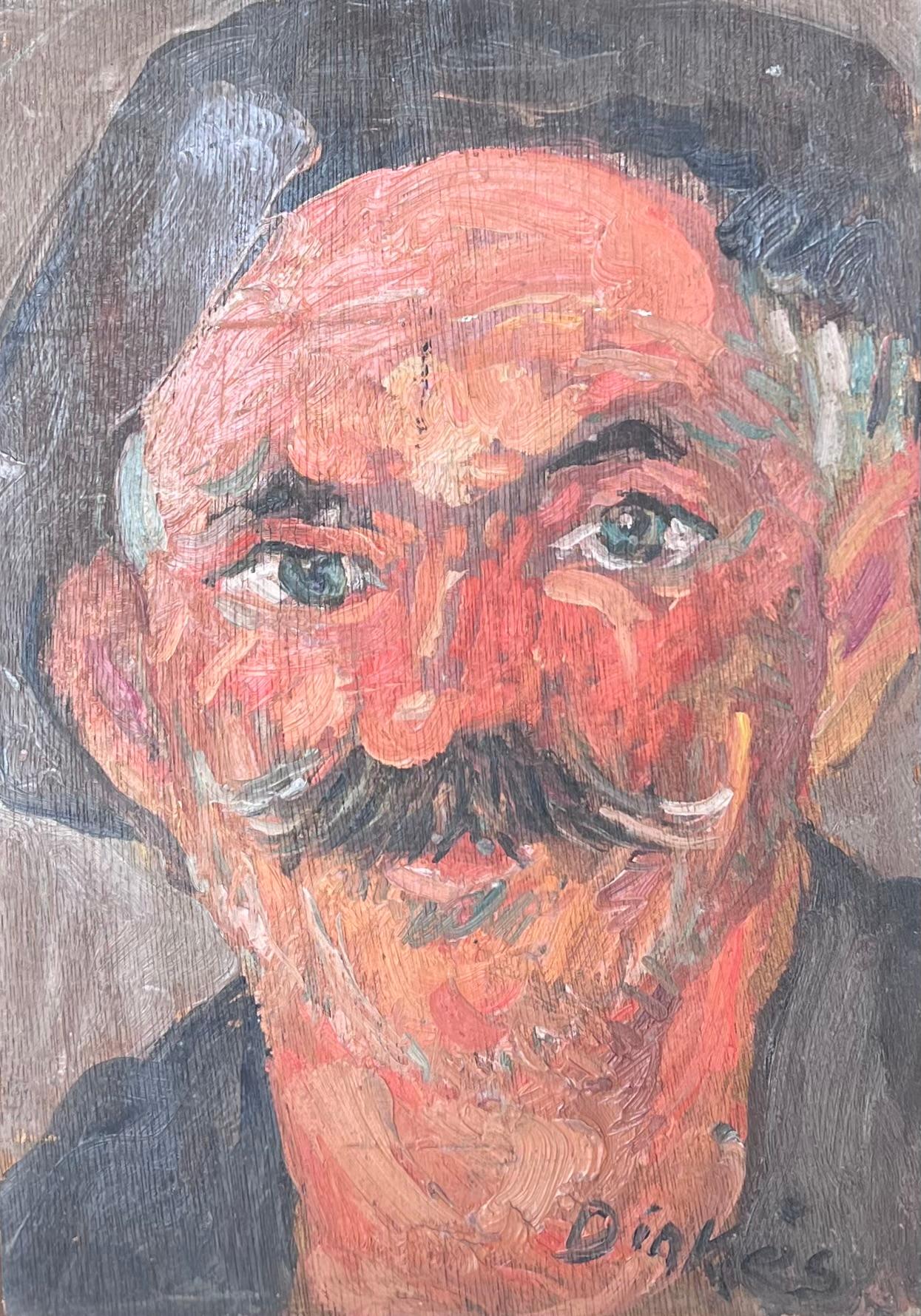 Suzanne Dinkes Portrait Painting – Mid Century French Impressionist Signed Oil Man in Beret with Moustache Portrait