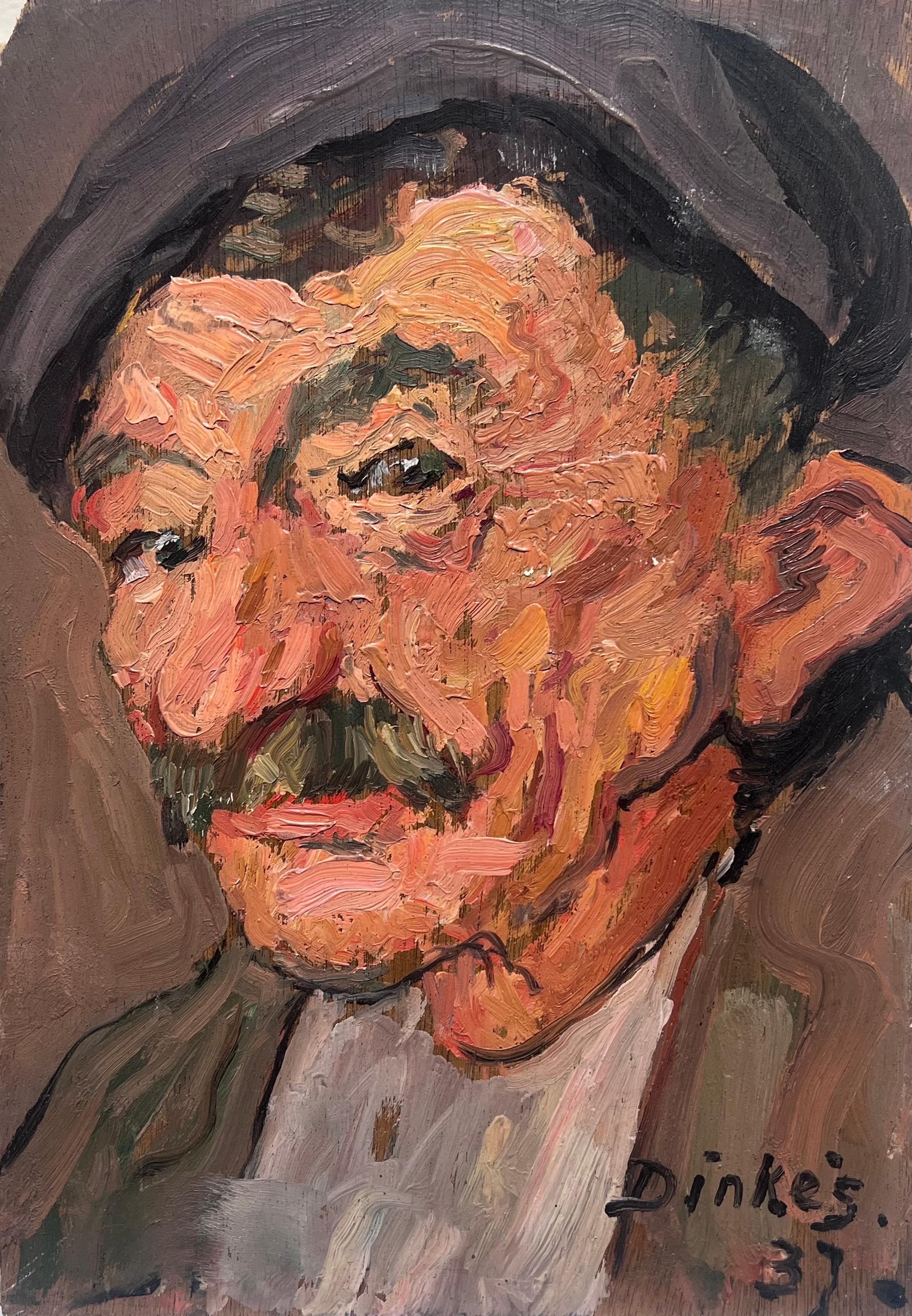 Mitte des Jahrhunderts Französisch Impressionist signiert Öl Porträt eines Mannes mit Schnurrbart – Painting von Suzanne Dinkes