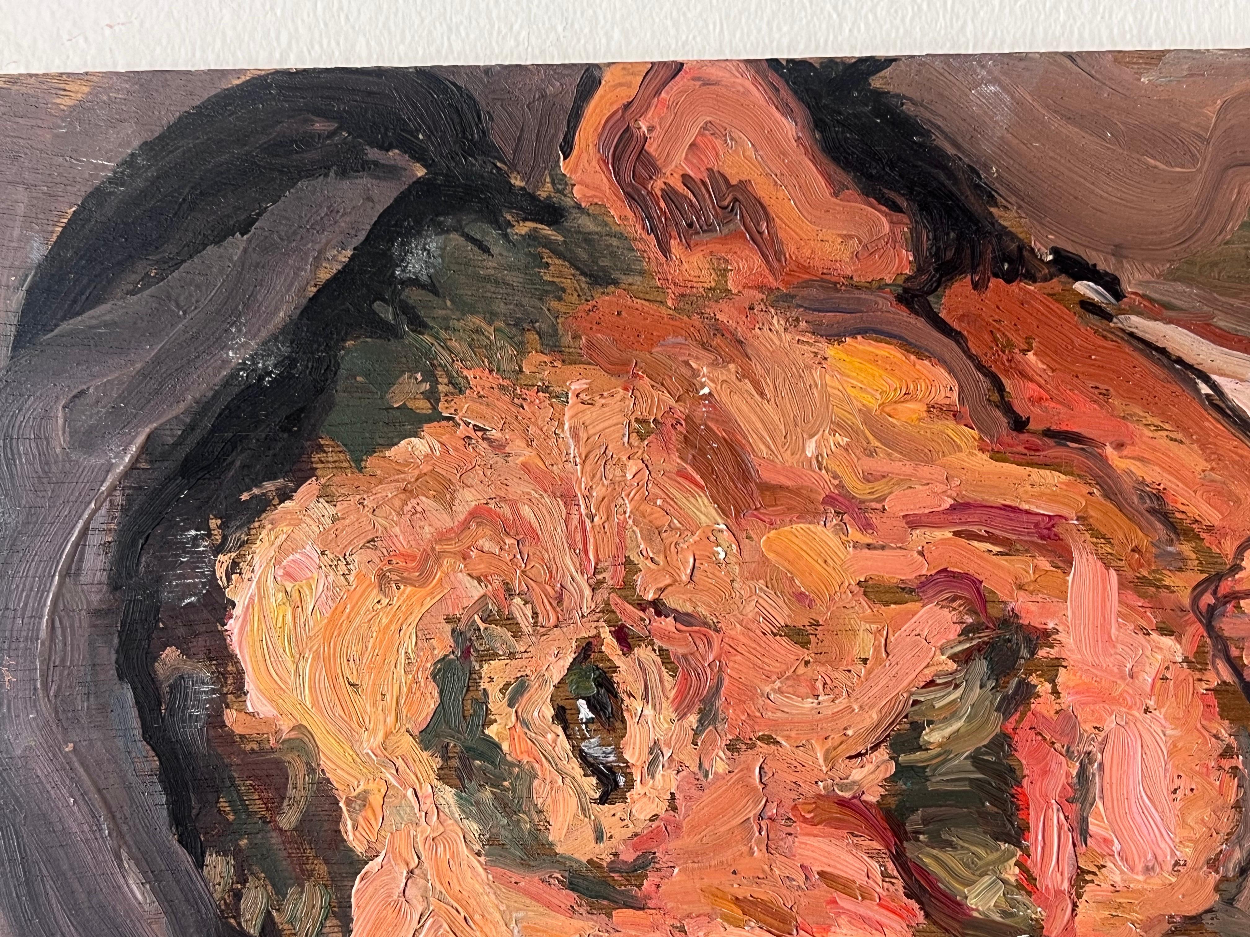 Künstler/Schule: Suzanne Dinkés (Französisch, 1895 - 1984) signiert

Titel: Porträt eines Mannes mit Schnurrbart

Medium: Öl auf Karton, ungerahmt

Größe: 10 x 7 Zoll

Provenienz: Privatsammlung, Frankreich

Zustand: Das Gemälde ist in insgesamt
