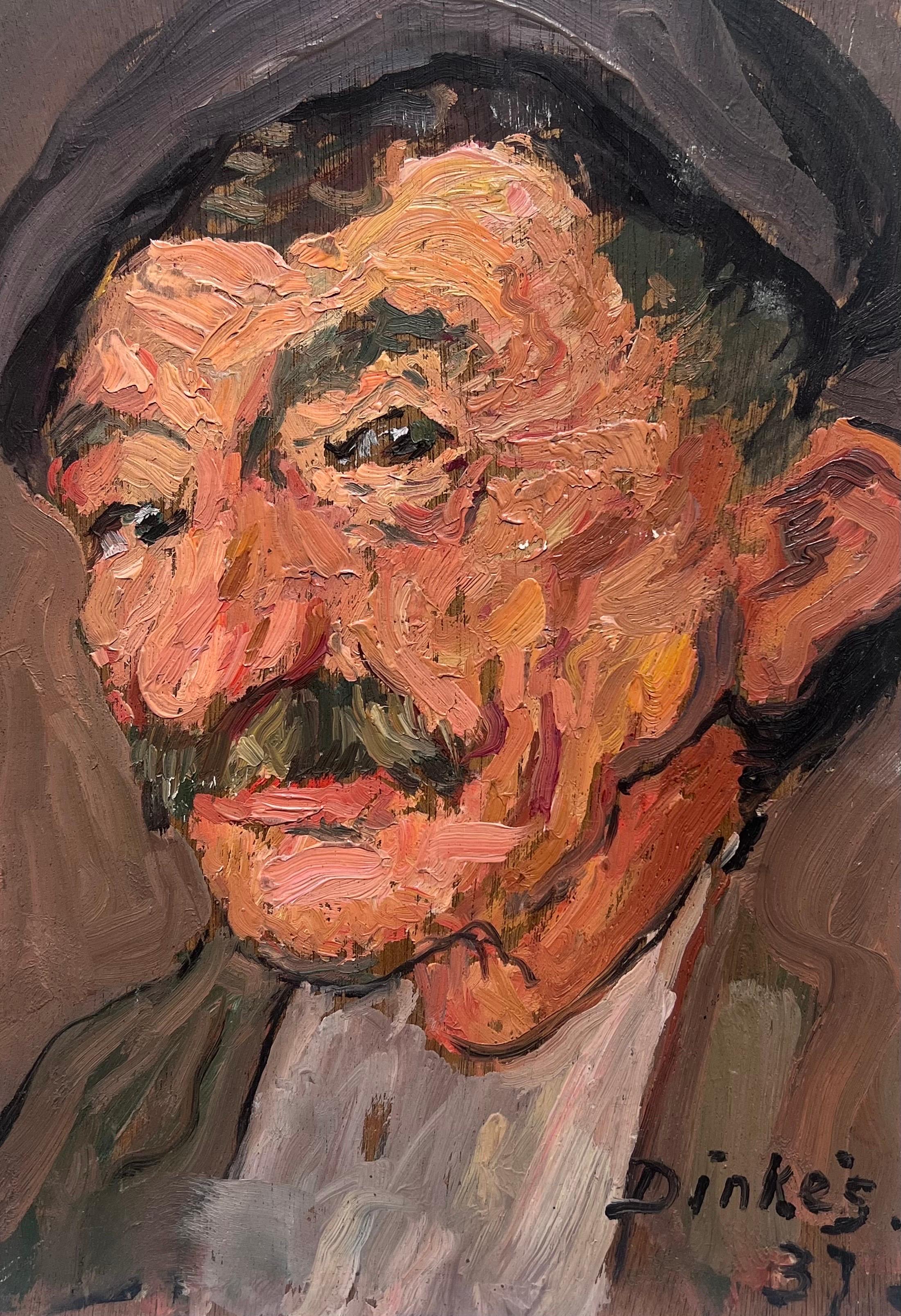 Suzanne Dinkes Figurative Painting – Mitte des Jahrhunderts Französisch Impressionist signiert Öl Porträt eines Mannes mit Schnurrbart
