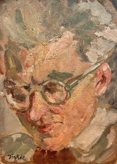 Mid Century French Impressionist Signed Oil Portrait of Man with Spectacles