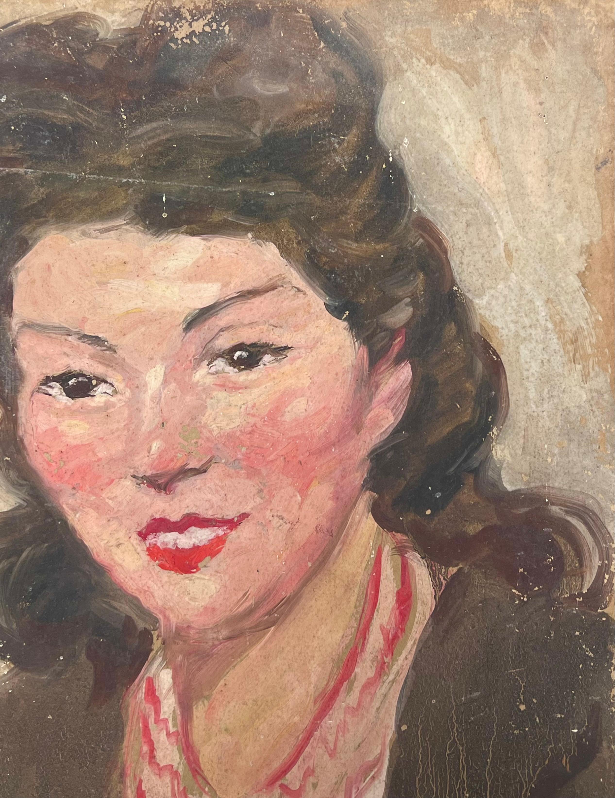 Mid Century Französisch Impressionist signiert Öl Porträt Frau in roten Halskette – Painting von Suzanne Dinkes