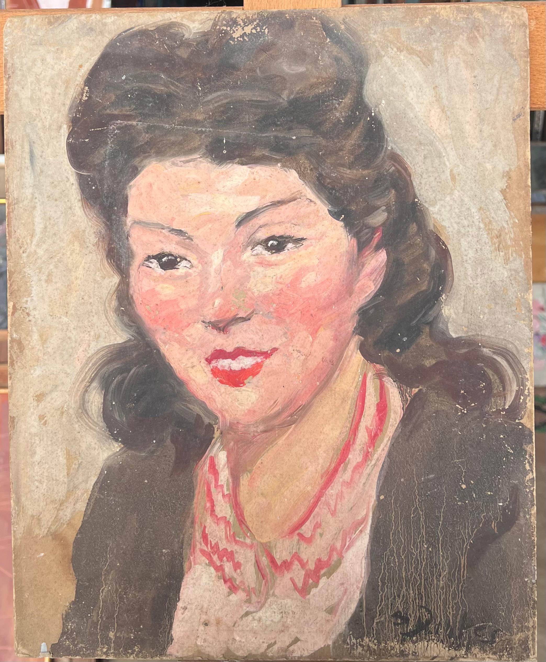 Mid Century Französisch Impressionist signiert Öl Porträt Frau in roten Halskette (Post-Impressionismus), Painting, von Suzanne Dinkes