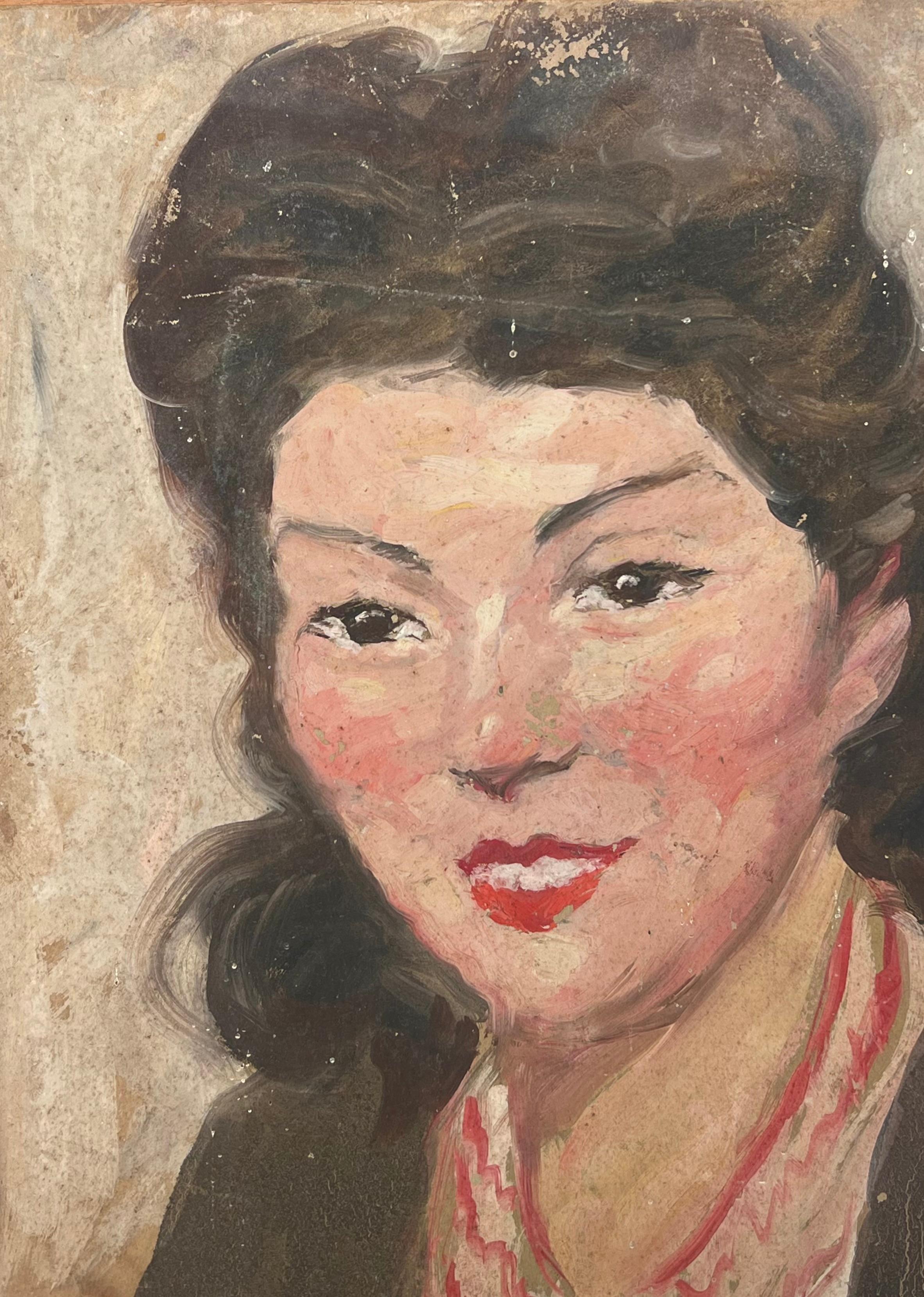 Mid Century Französisch Impressionist signiert Öl Porträt Frau in roten Halskette (Braun), Portrait Painting, von Suzanne Dinkes
