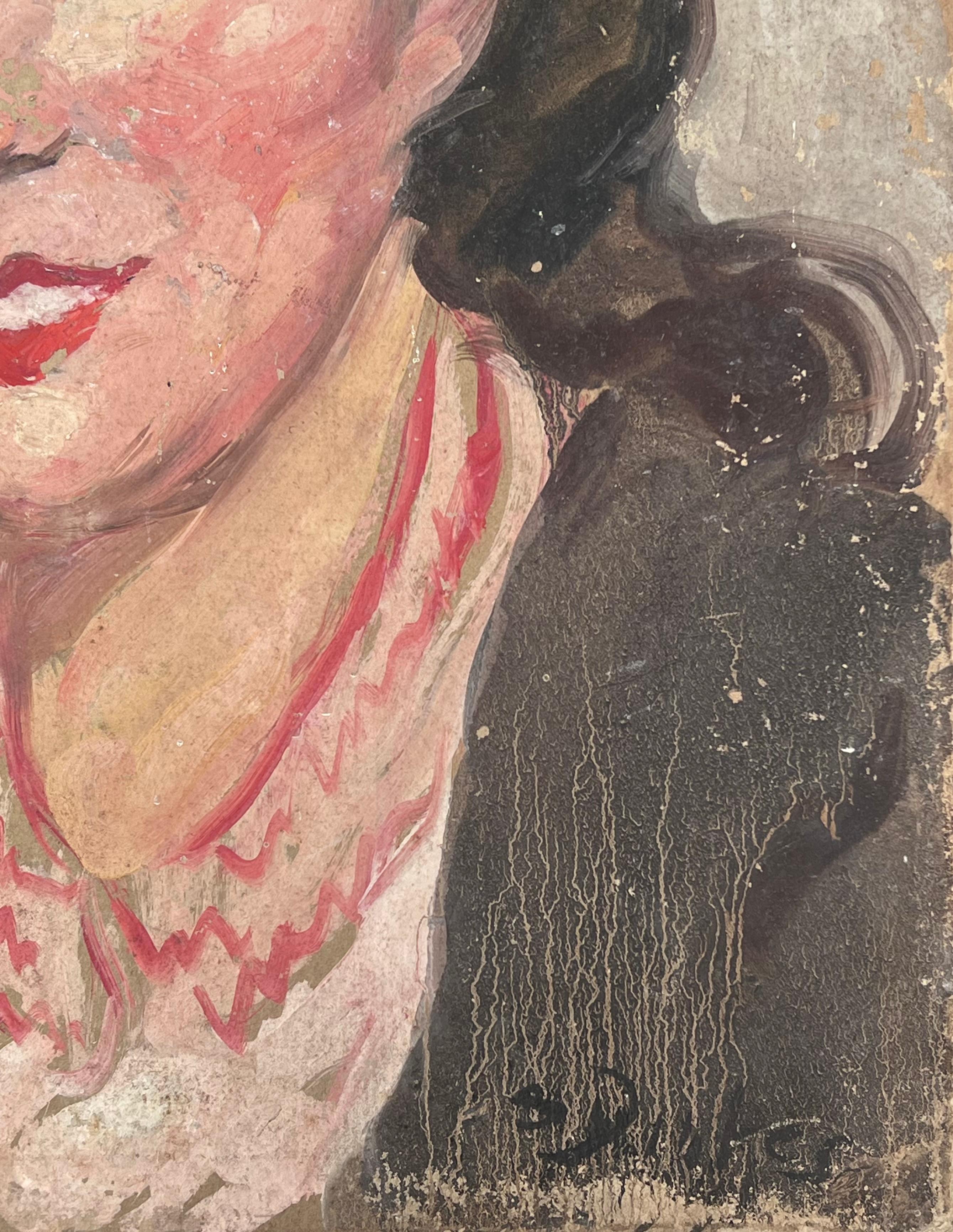 Mid Century Französisch Impressionist signiert Öl Porträt Frau in roten Halskette im Angebot 1