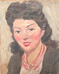 Mid Century French Impressionist Signed Oil Portrait Woman in Red Necklace