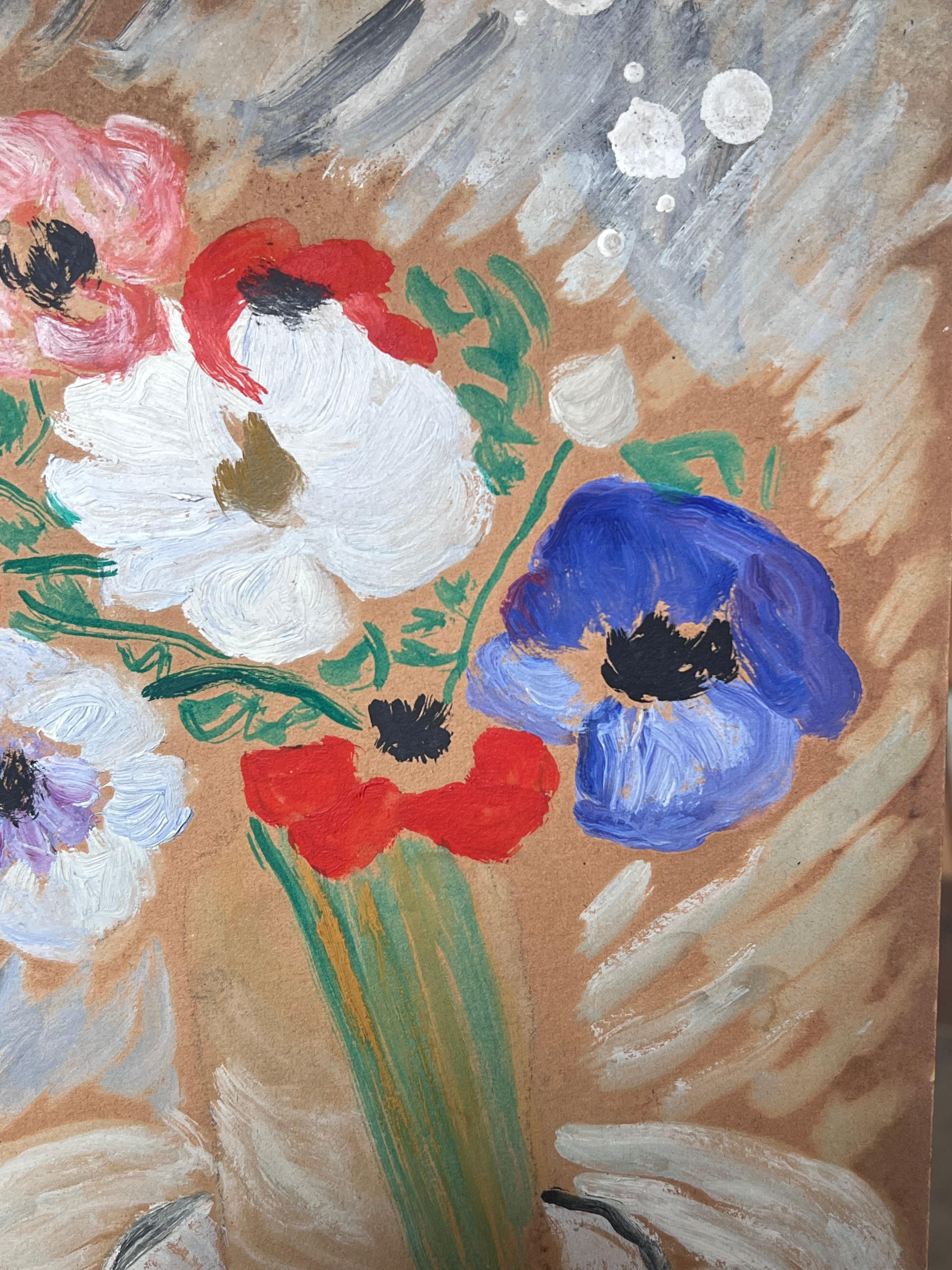 Mid Century Französisch Impressionist Vintage Öl Vibrant Stillleben Blumen (Grau), Still-Life Painting, von Suzanne Dinkes