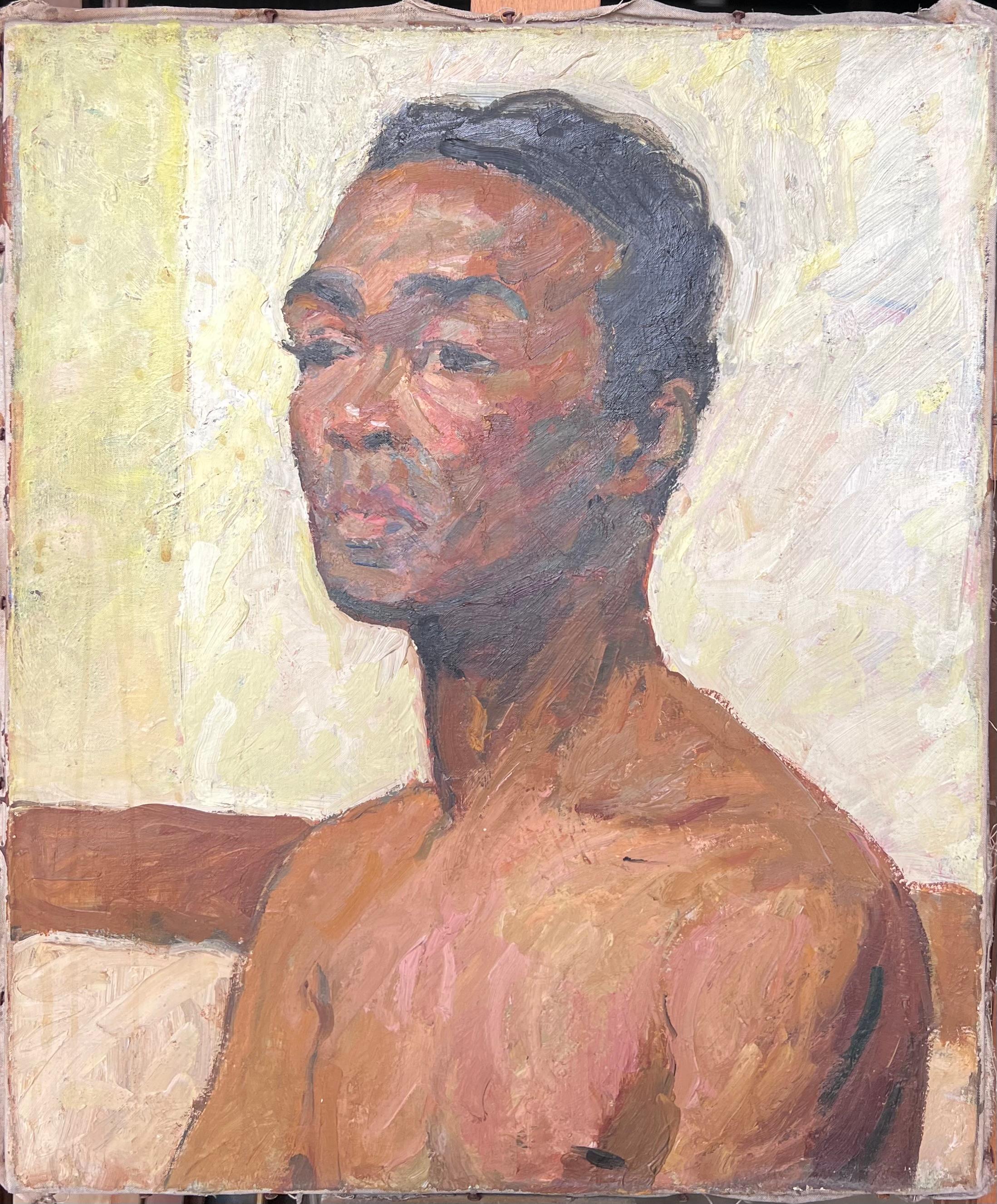 Mid Century Französisch Ölgemälde halbe Länge männlichen Akt Porträt sitzender Mann (Post-Impressionismus), Painting, von Suzanne Dinkes