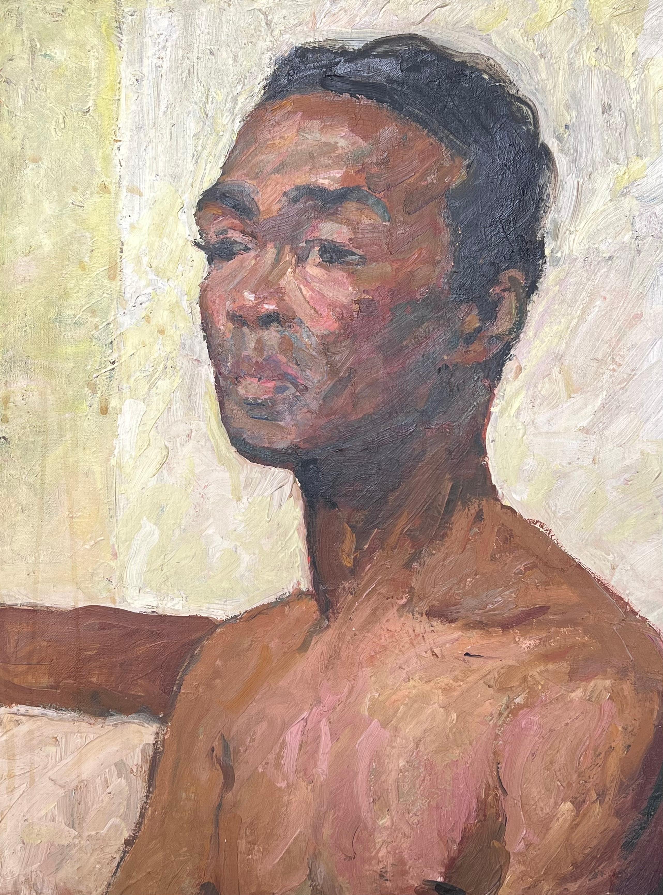Mid Century French Oil Painting Half Length Male Nude Portrait Seated Man