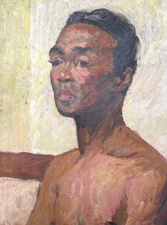 Mid Century French Oil Painting Half Length Male Nude Portrait Seated Man