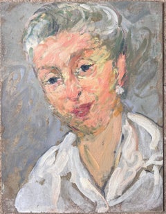 Mid Century French Painting of a Chic Grey Haired Lady With Pearl Earrings