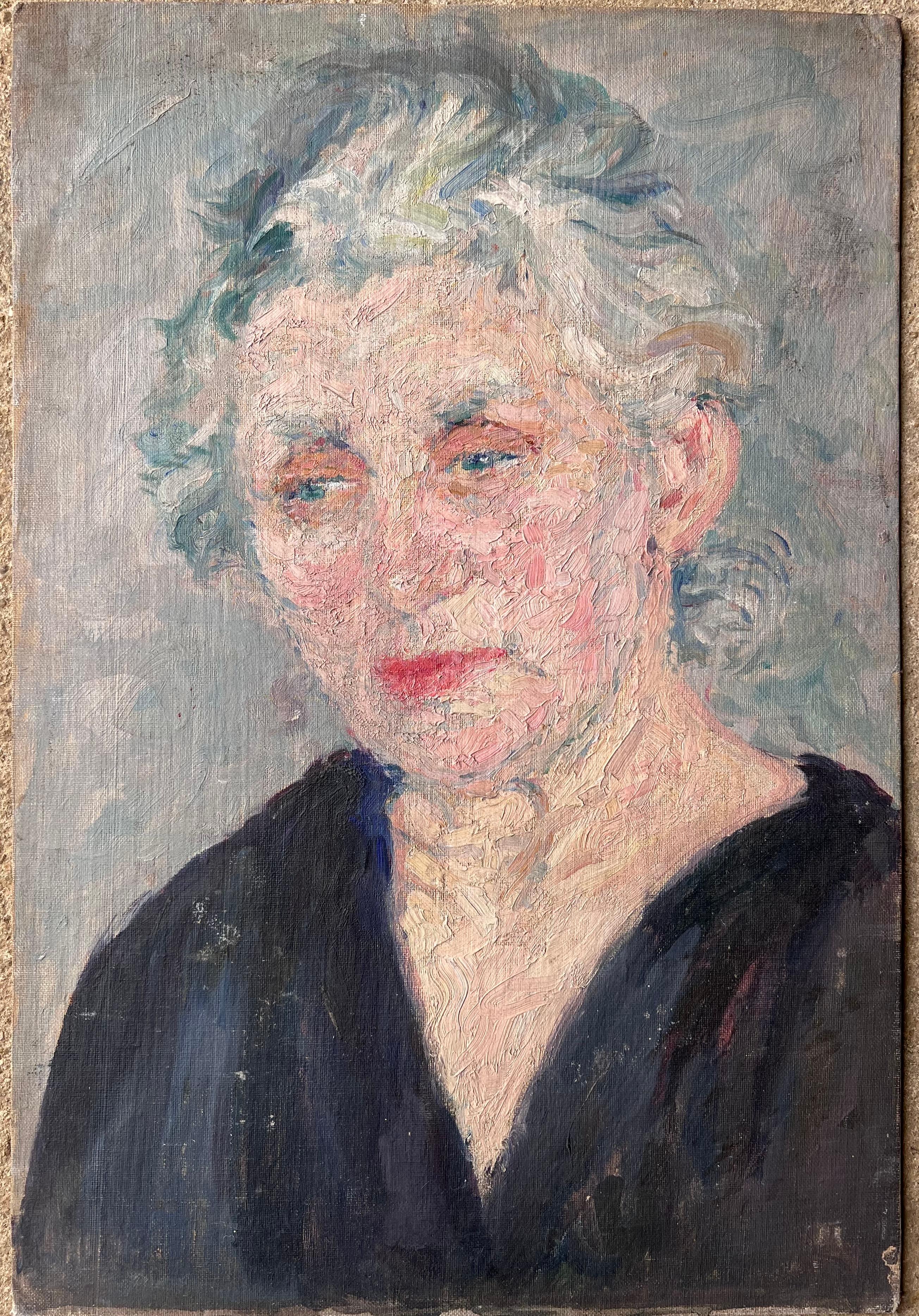 Peinture française du milieu du siècle représentant une dame âgée aux cheveux gris dans un col en V bleu - Painting de Suzanne Dinkes